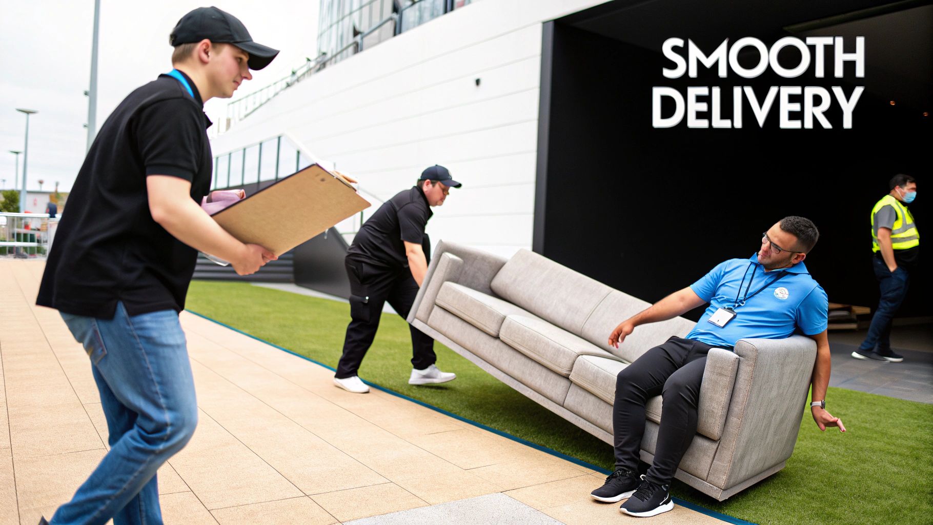 Professional delivery team carrying gray sofa outdoors for furniture rental service demonstration