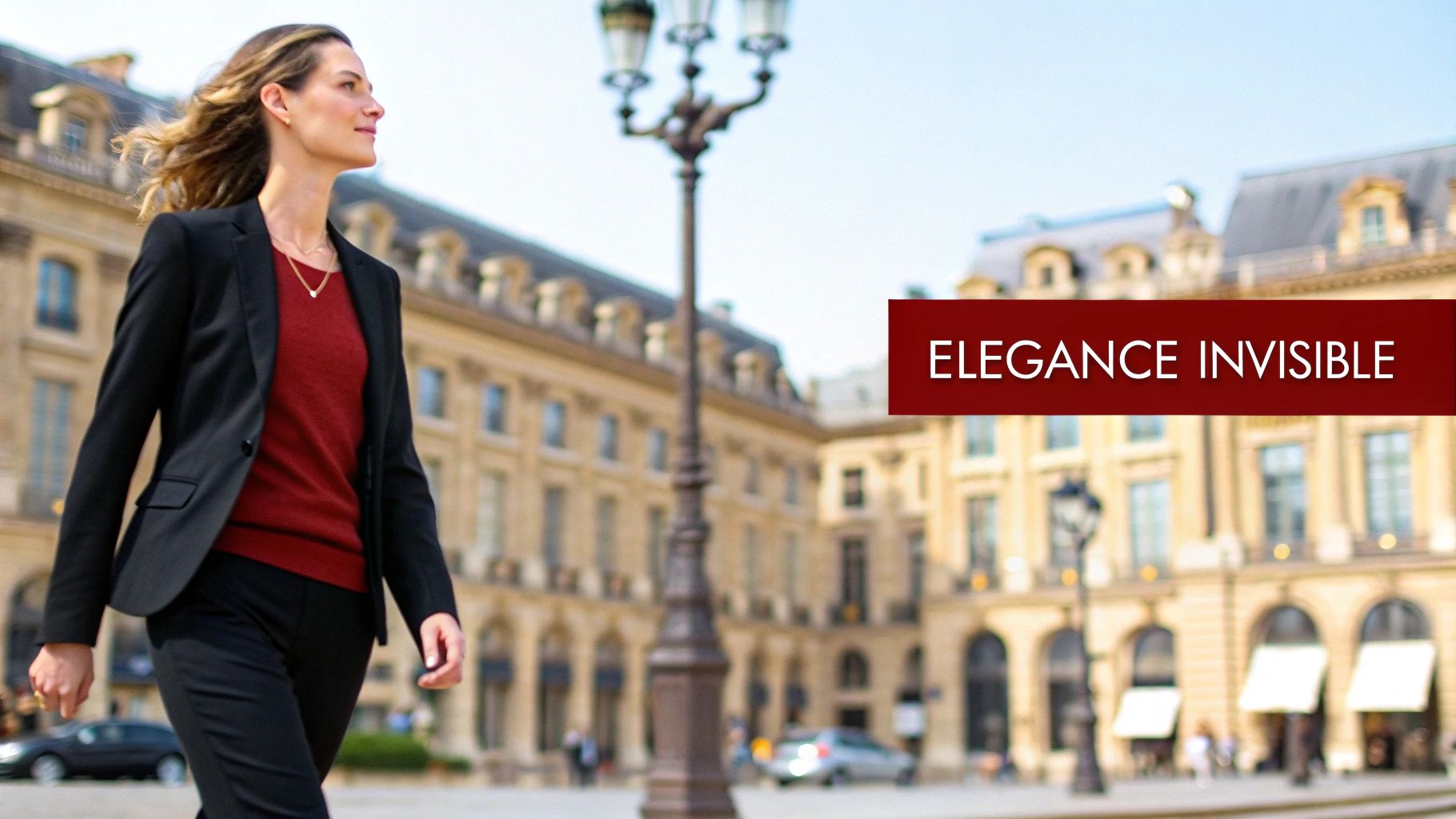 Une femme souriante, vêtue d'un blazer noir et d'un pull rouge, marche dans une rue parisienne ensoleillée. Le texte 'Elegance Invisible' est affiché.
