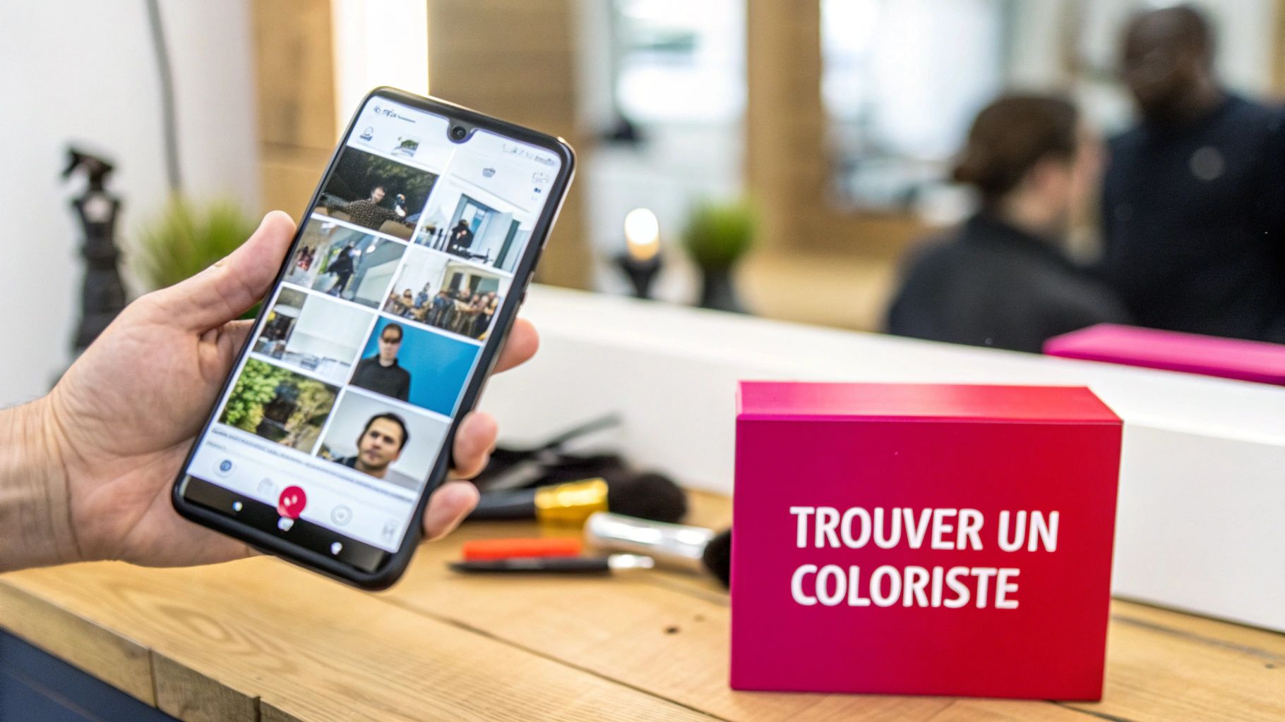 Main tenant un smartphone avec des photos, et une boîte rouge "Trouver un Coloriste" sur une table en bois.