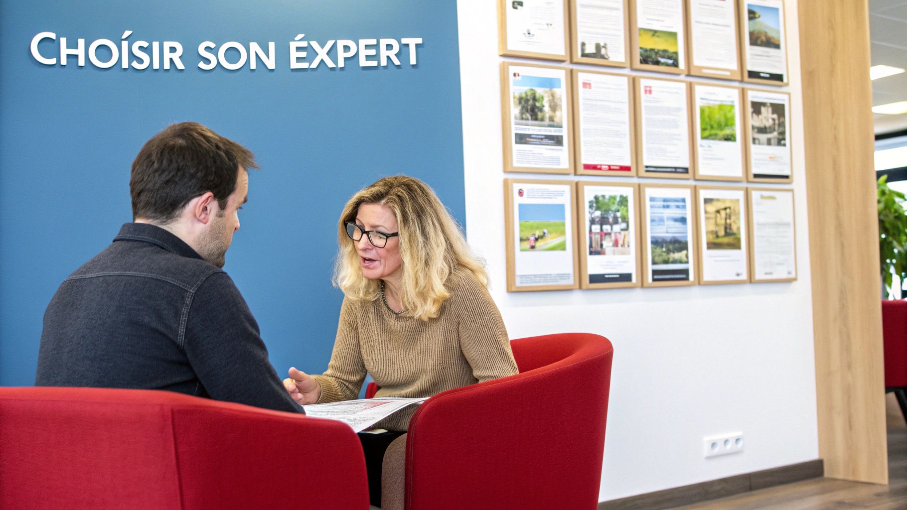 Deux personnes discutent lors d'un rendez-vous professionnel, avec le texte "Choisir son expert" en arrière-plan.