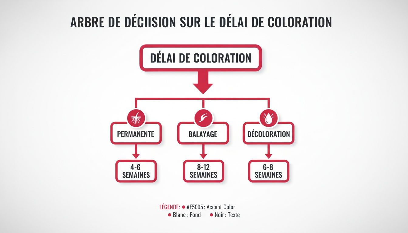 Arbre de décision illustrant les délais recommandés entre les colorations capillaires pour permanente, balayage et décoloration.