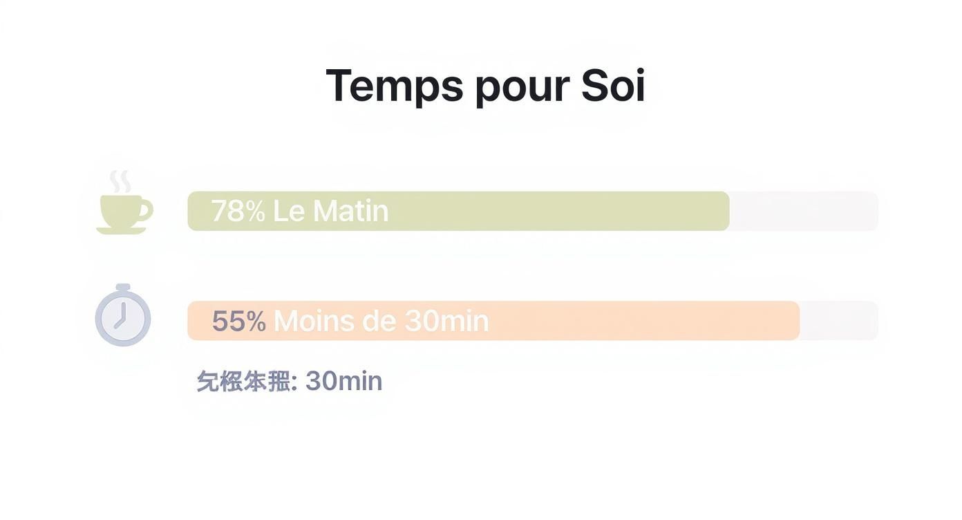 Infographie montrant que 78% des gens préfèrent prendre du temps pour soi le matin et que 55% y consacrent moins de 30 minutes.