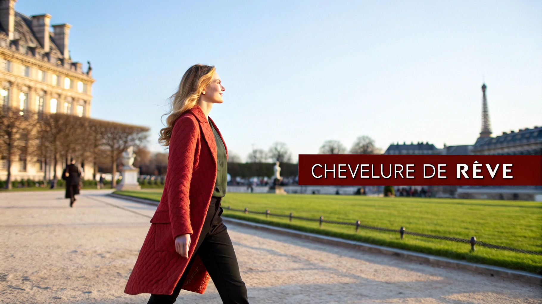 Une femme blonde souriante en manteau rouge marche dans un parc parisien ensoleillé, avec le Louvre et la Tour Eiffel.