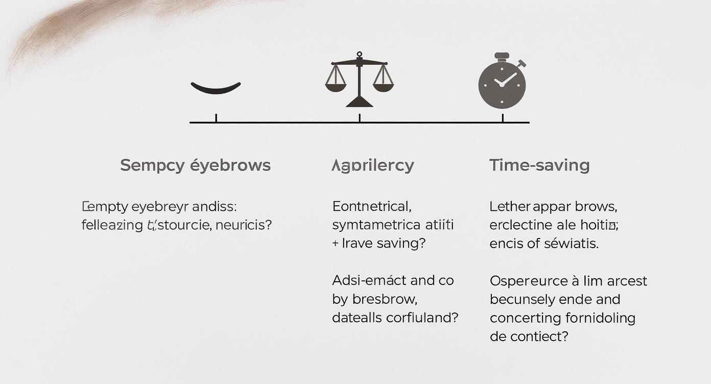 Infographie présentant trois concepts liés aux sourcils : forme, équilibre et rapidité d'exécution.