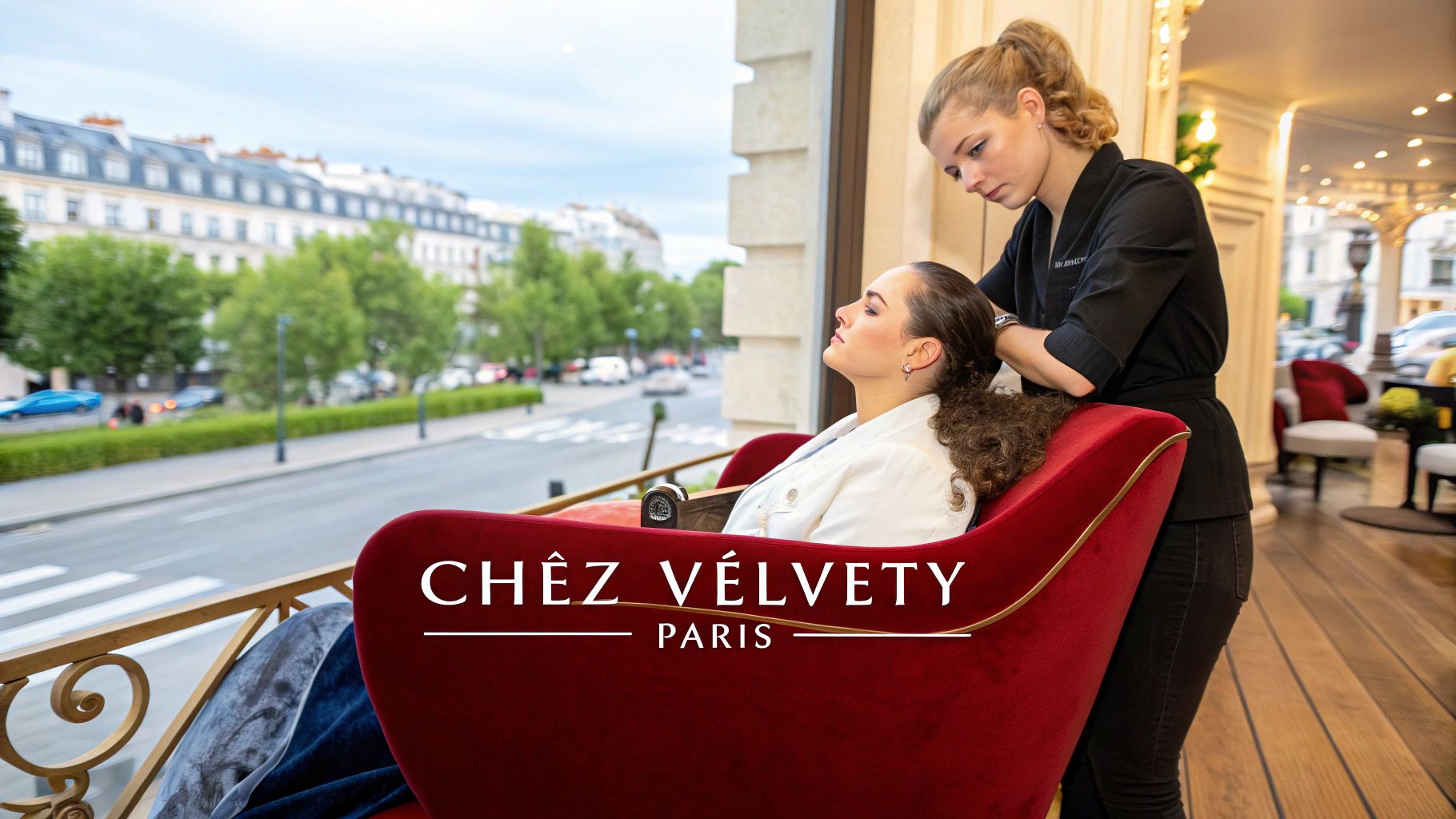 Une femme reçoit un massage capillaire relaxant dans un salon élégant avec vue sur une rue parisienne animée.