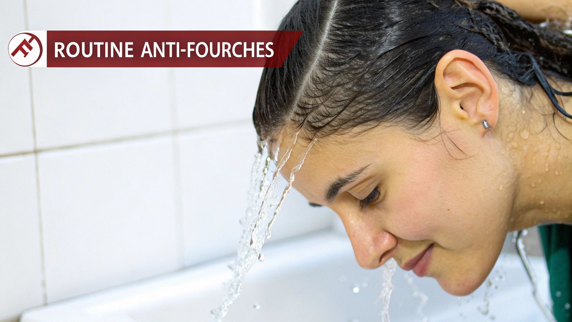 Femme appliquant un soin sur ses cheveux longs et sains