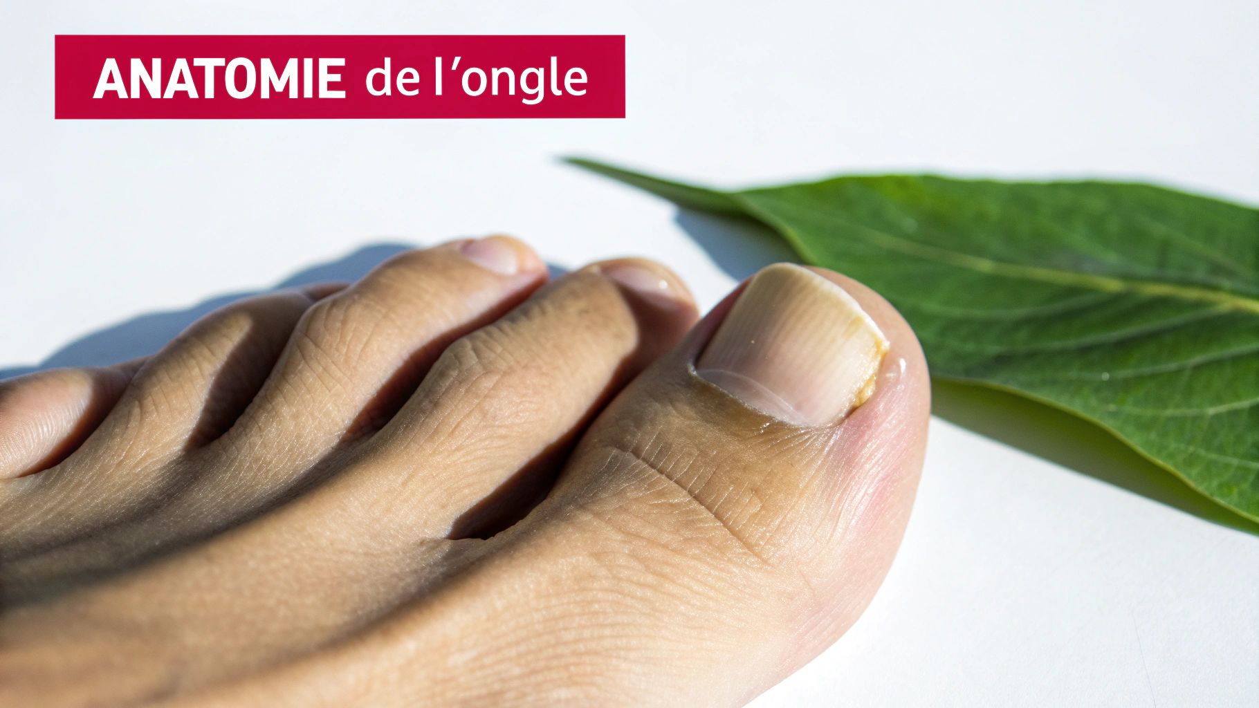 Gros plan sur un pied humain avec orteils et un ongle de pied visible, illustrant l'anatomie de l'ongle.