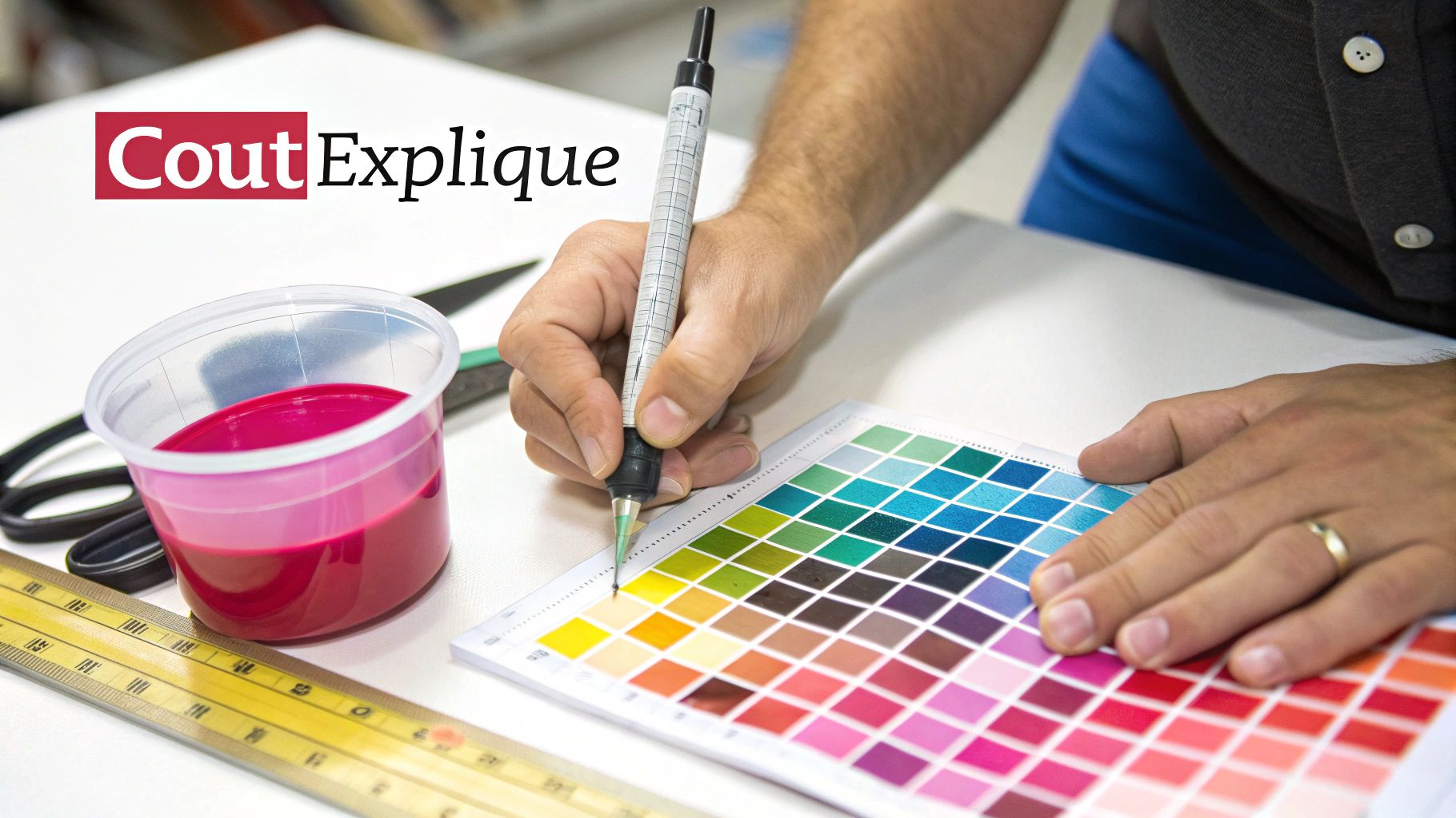Une personne choisit des couleurs sur un nuancier avec un stylo, sur un bureau blanc avec des outils de conception.
