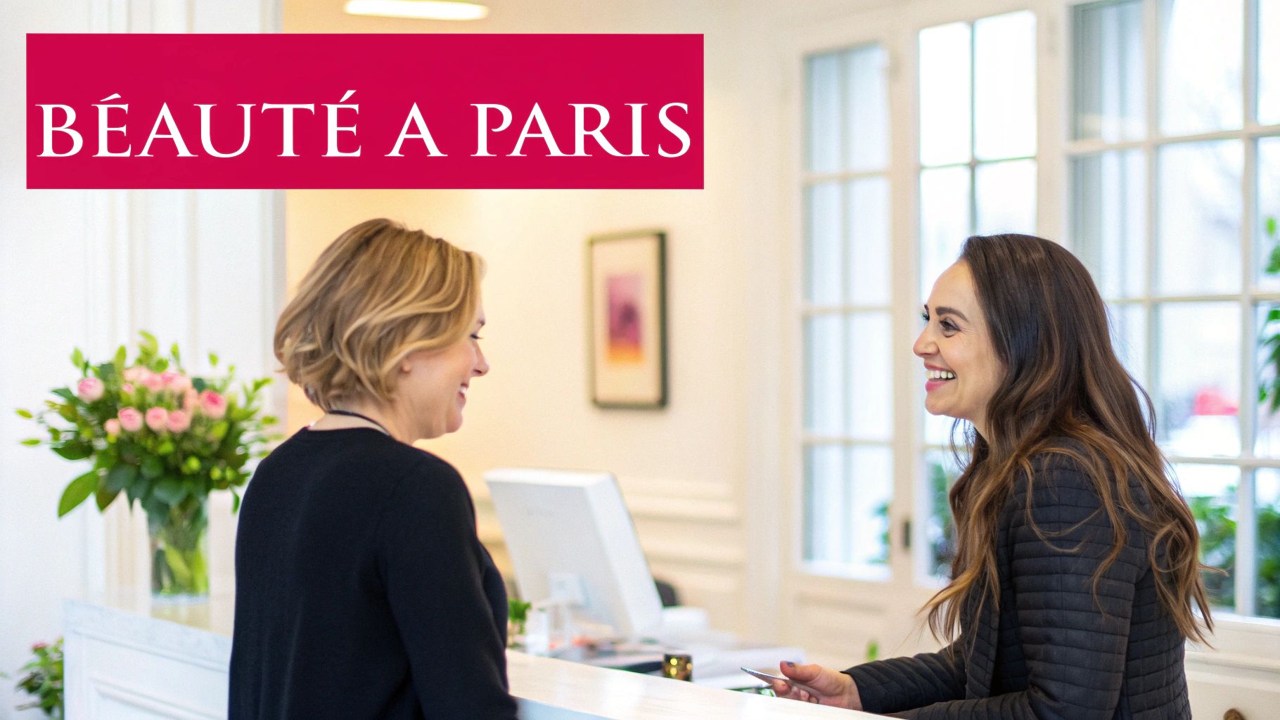 Deux femmes souriantes à la réception d'un institut de beauté moderne avec le texte "BEAUTÉ A PARIS".