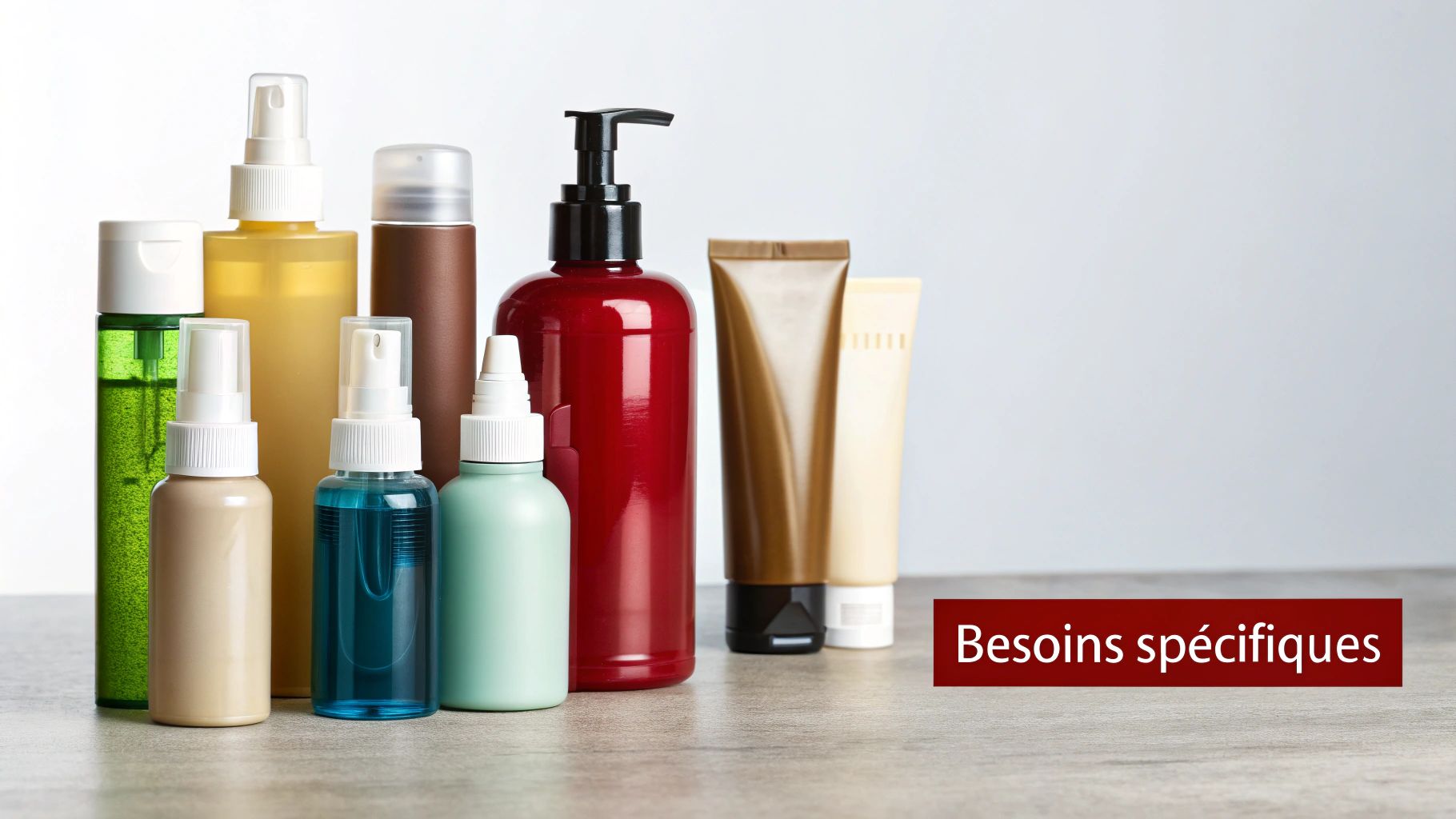 Une sélection de flacons de shampoings de luxe aux couleurs et textures variées, disposés de manière esthétique.
