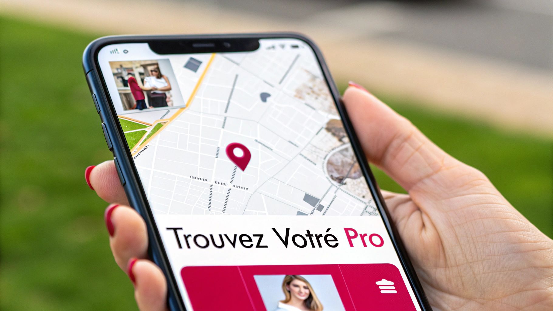 Une main tient un smartphone affichant une carte avec une épingle de localisation et l'application 'Trouvez Votre Pro'.