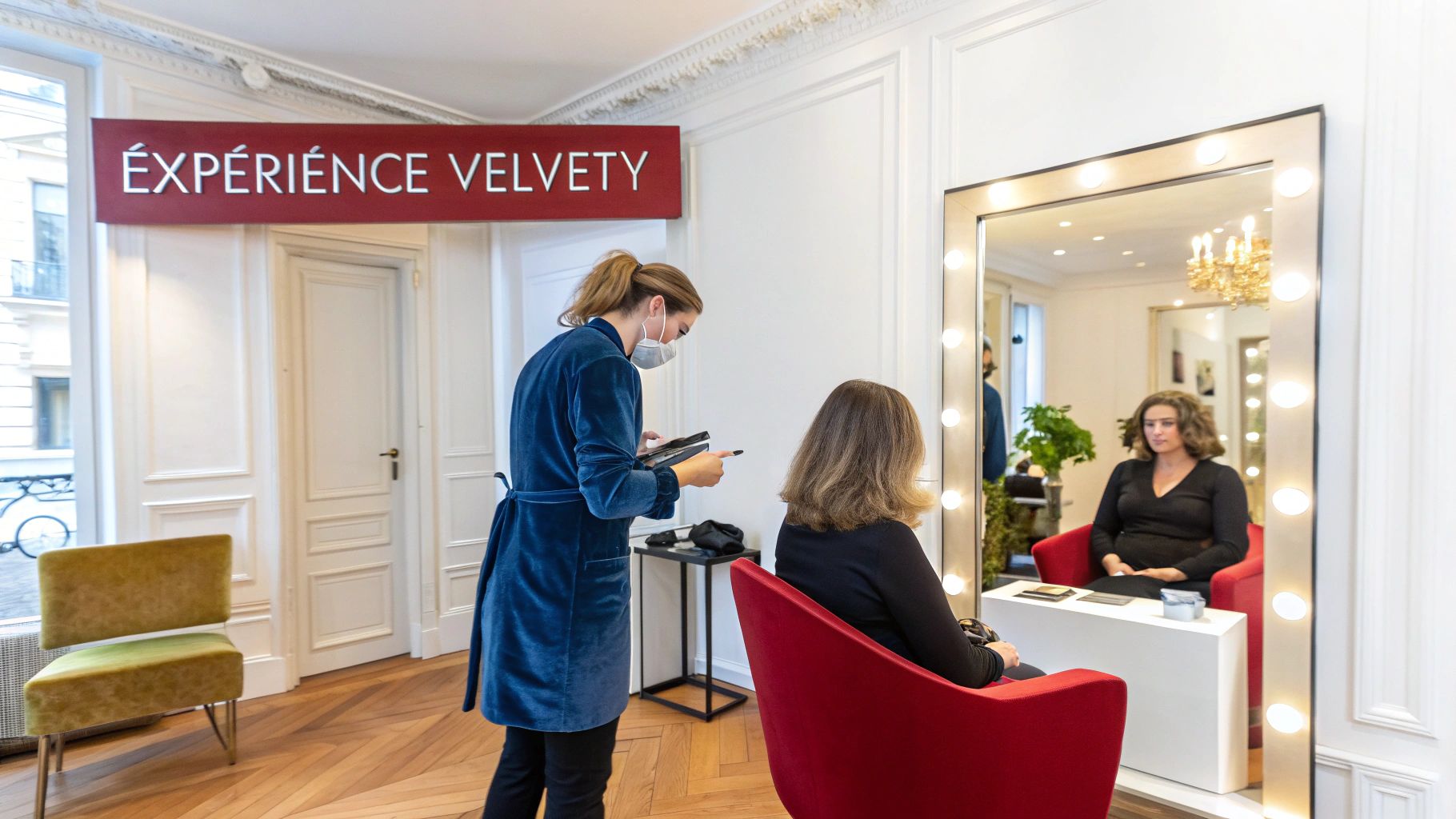 Une professionnelle masquée consulte une cliente assise devant un miroir lumineux dans un salon Velvety.