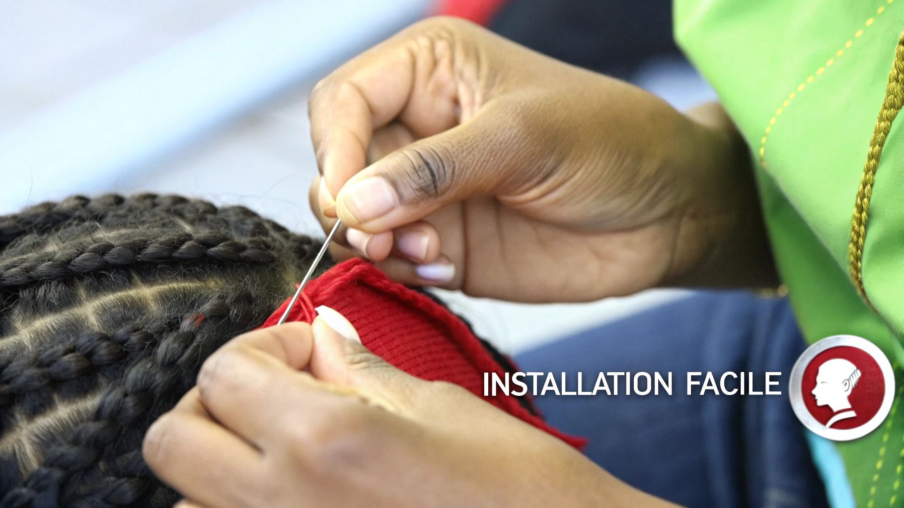 Une styliste professionnelle appliquant méticuleusement une closure pour tissage dans un salon de luxe.