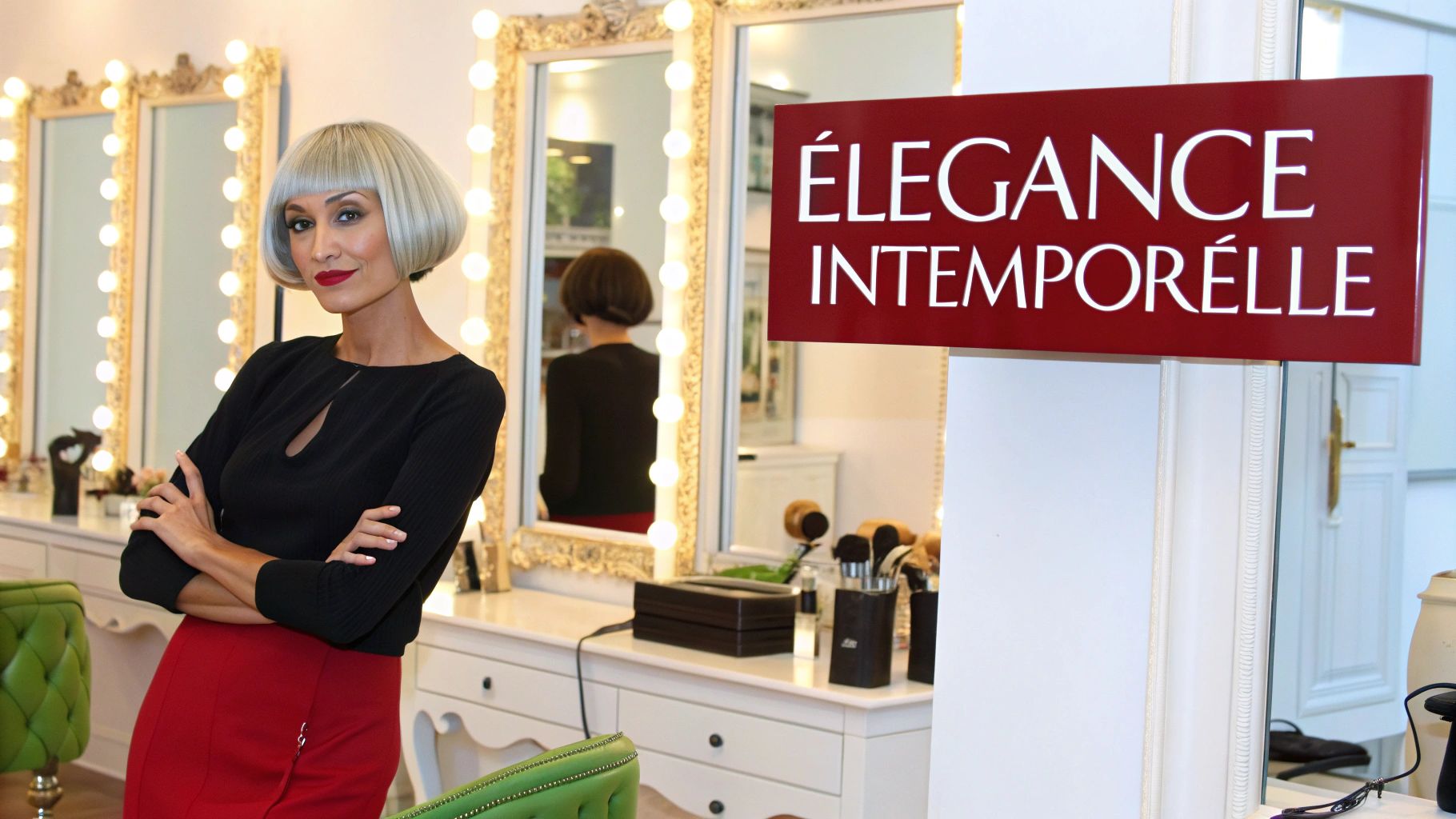 Femme souriante avec une perruque bob blonde platine posant dans un salon de coiffure élégant.