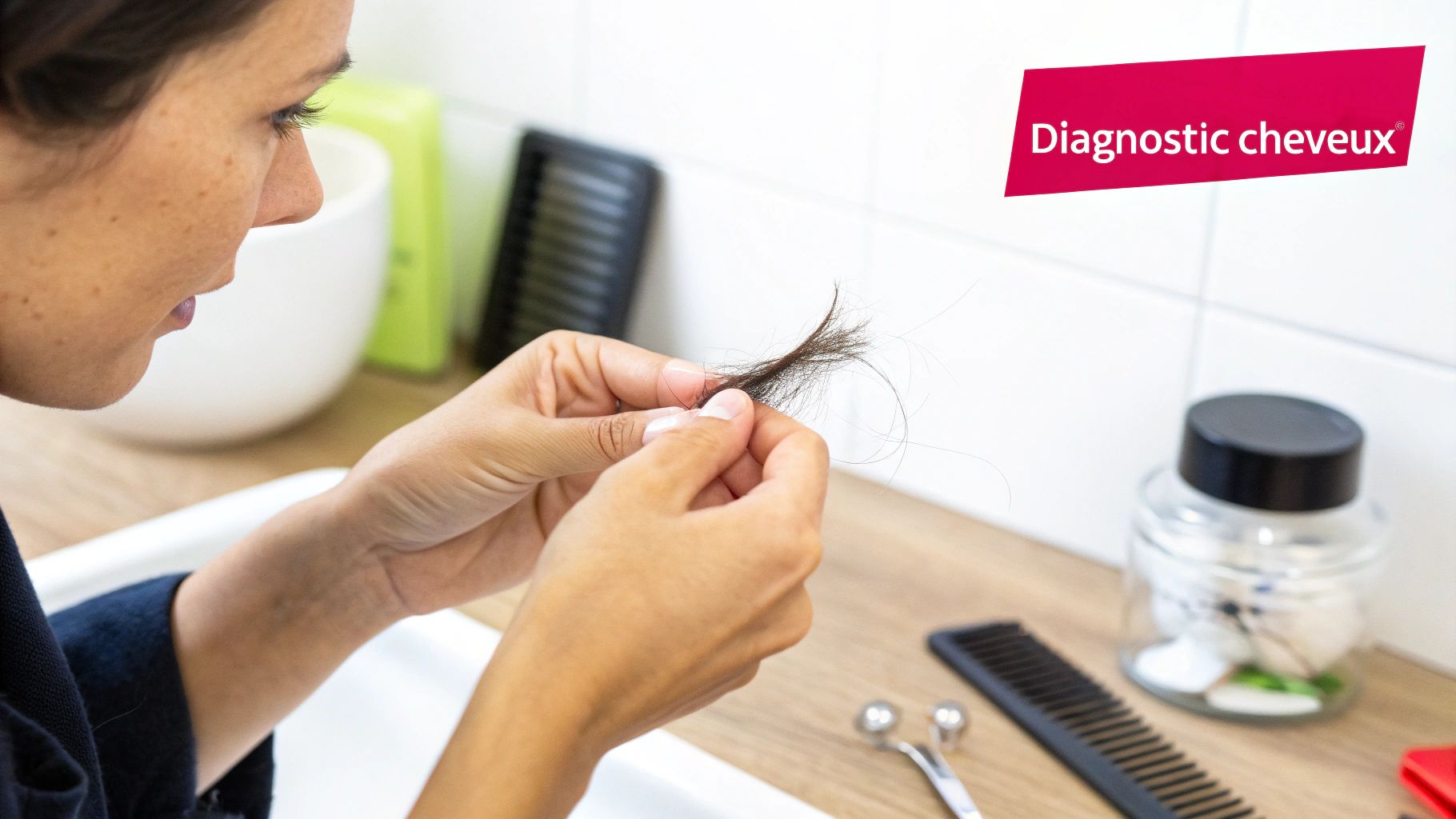 Une femme examine attentivement une touffe de cheveux dans ses mains. Texte: Diagnostic cheveux. Concerne la chute de cheveux.