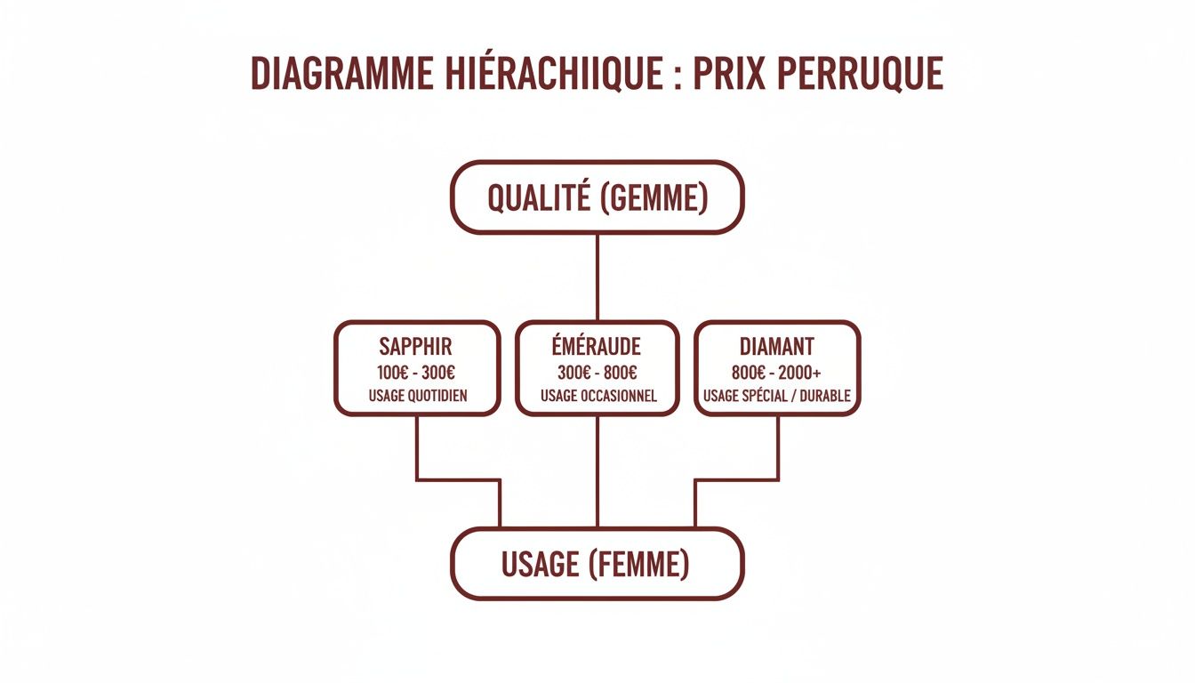 Diagramme hiérarchique détaillant les prix des perruques selon la qualité (saphir, émeraude, diamant) et l'usage.