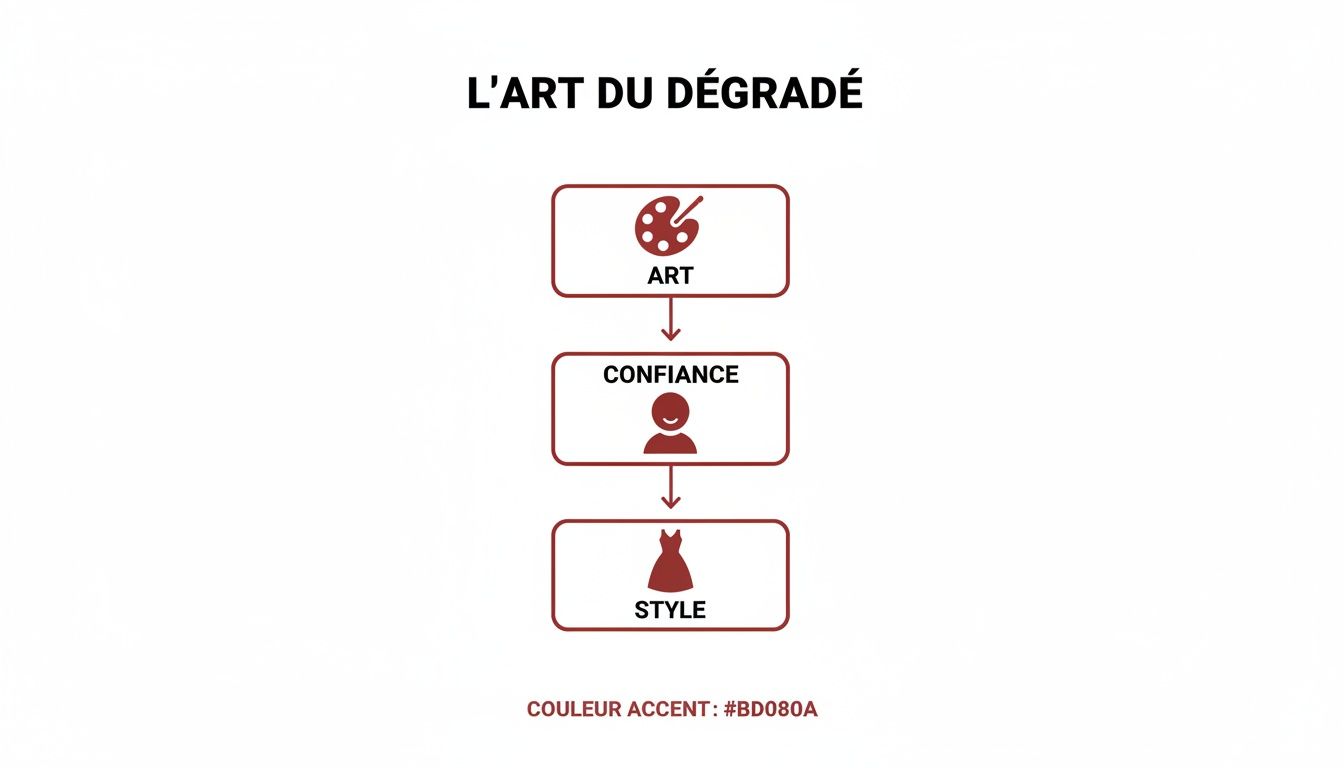 Diagramme de processus montrant l'art du dégradé menant à la confiance et au style, avec icônes visuelles.