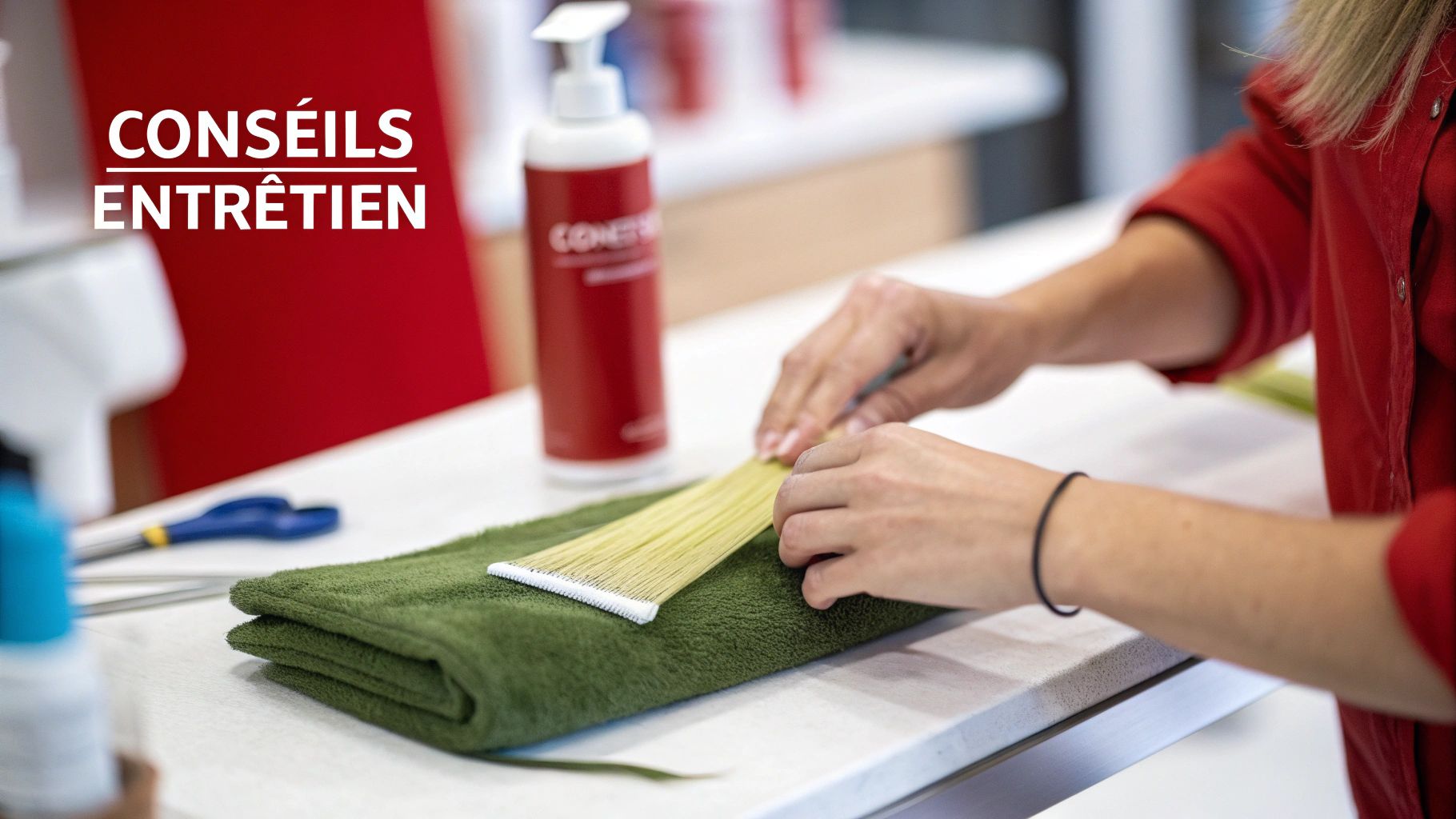 Mains manipulant des extensions capillaires blondes sur une serviette verte, avec bouteille de produit. CONSEILS ENTRETIEN.