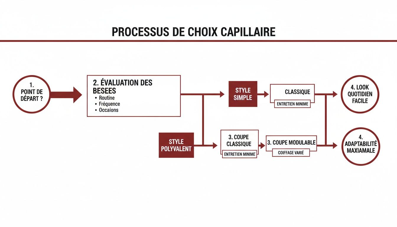 Un diagramme de processus de choix capillaire, détaillant les étapes d'évaluation des besoins pour différents styles et entretiens.