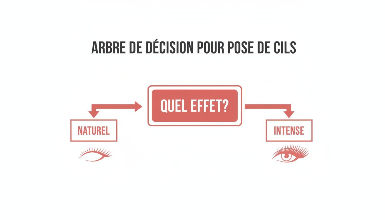 Arbre de décision pour la pose de cils, offrant un choix entre un effet naturel et un effet intense.