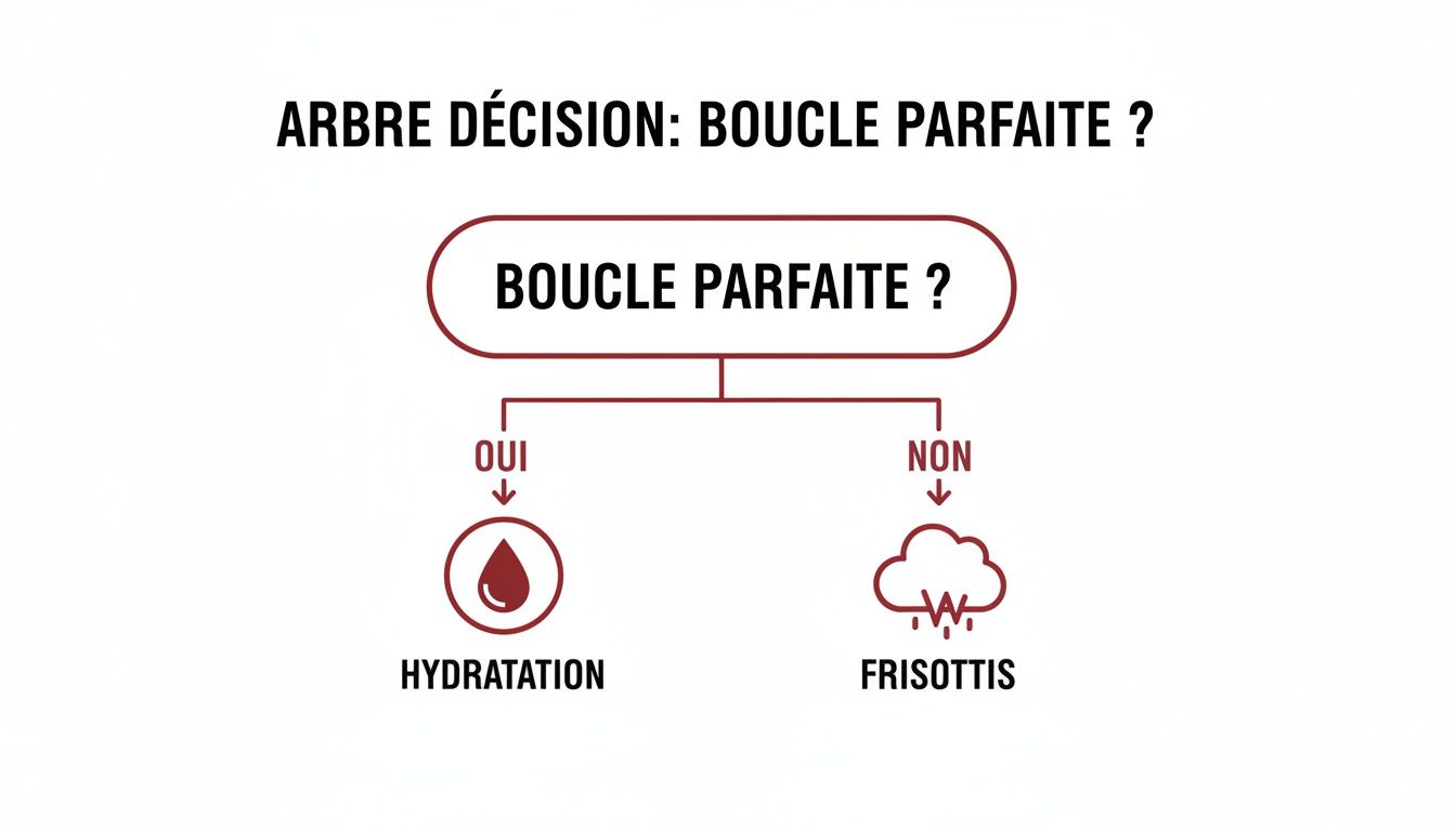 Arbre de décision montrant qu'une boucle parfaite est synonyme d'hydratation, tandis qu'une boucle non parfaite signifie des frisottis.