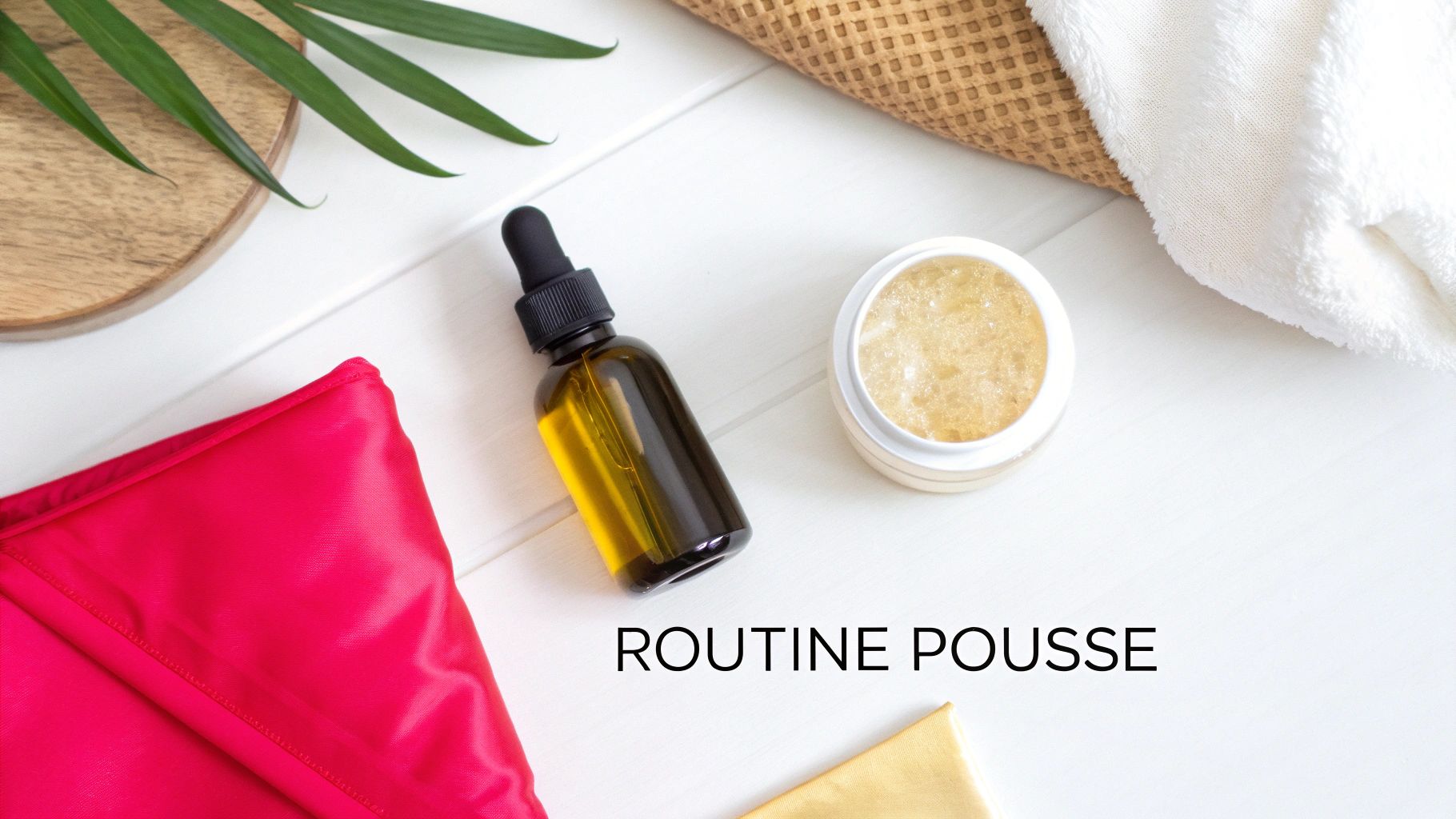 Routine de croissance capillaire avec bouteille d'huile, pot d'exfoliant, serviettes douces et plante sur fond blanc.