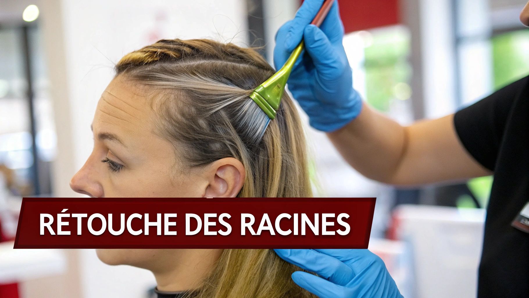 Une coiffeuse applique de la teinture sur les racines des cheveux d'une cliente, se concentrant sur la repousse.