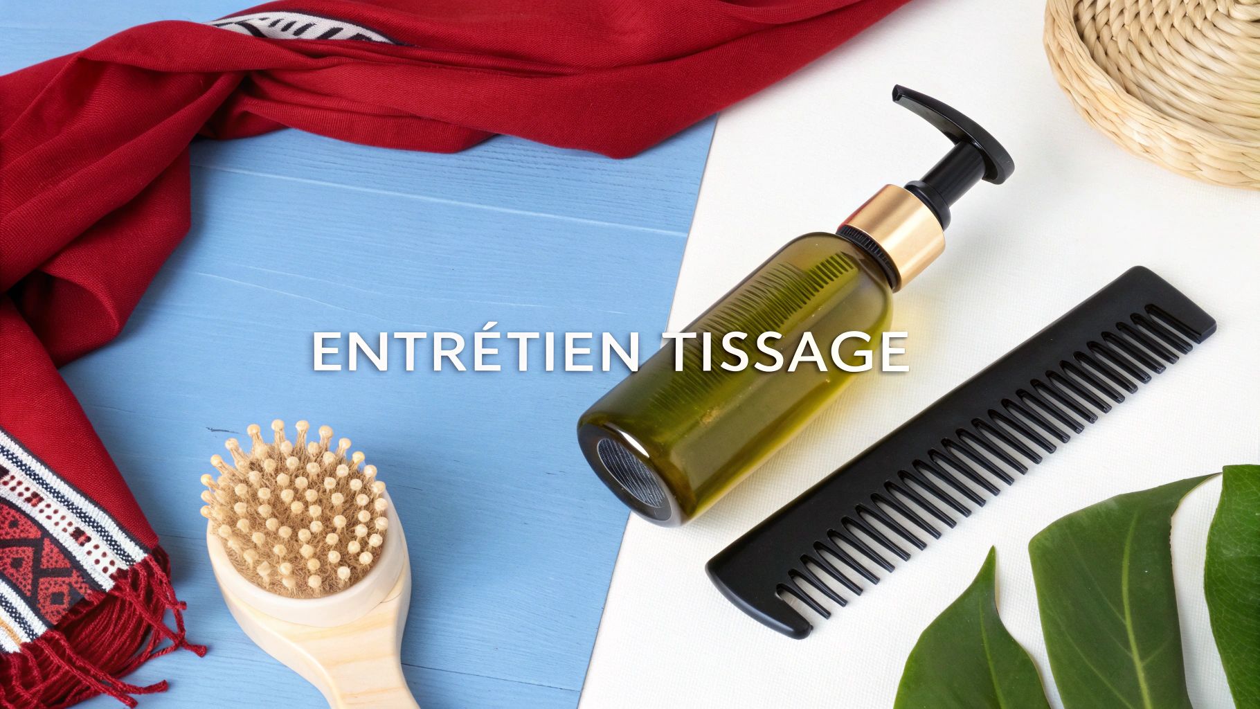 Composition pour l'entretien des tissages, incluant brosse, huile et peigne, sur fond bicolore.