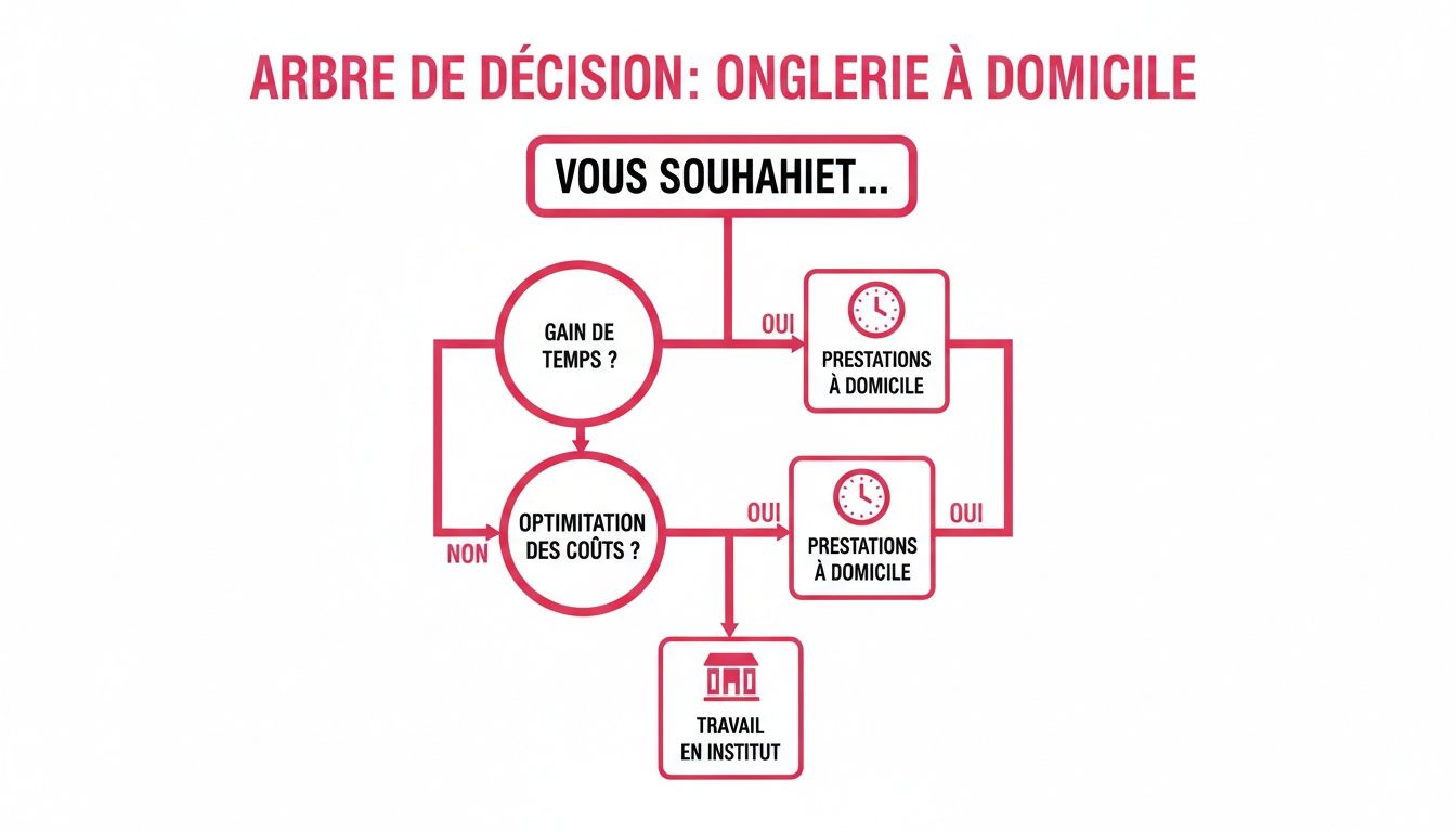 Diagramme de décision pour les services d'onglerie : gain de temps et optimisation des coûts mènent aux prestations à domicile.