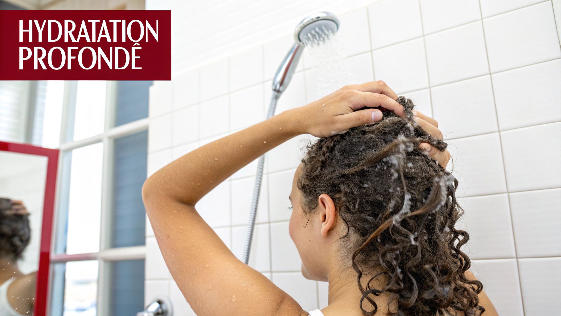 Une femme aux cheveux bouclés applique un soin hydratant sous la douche