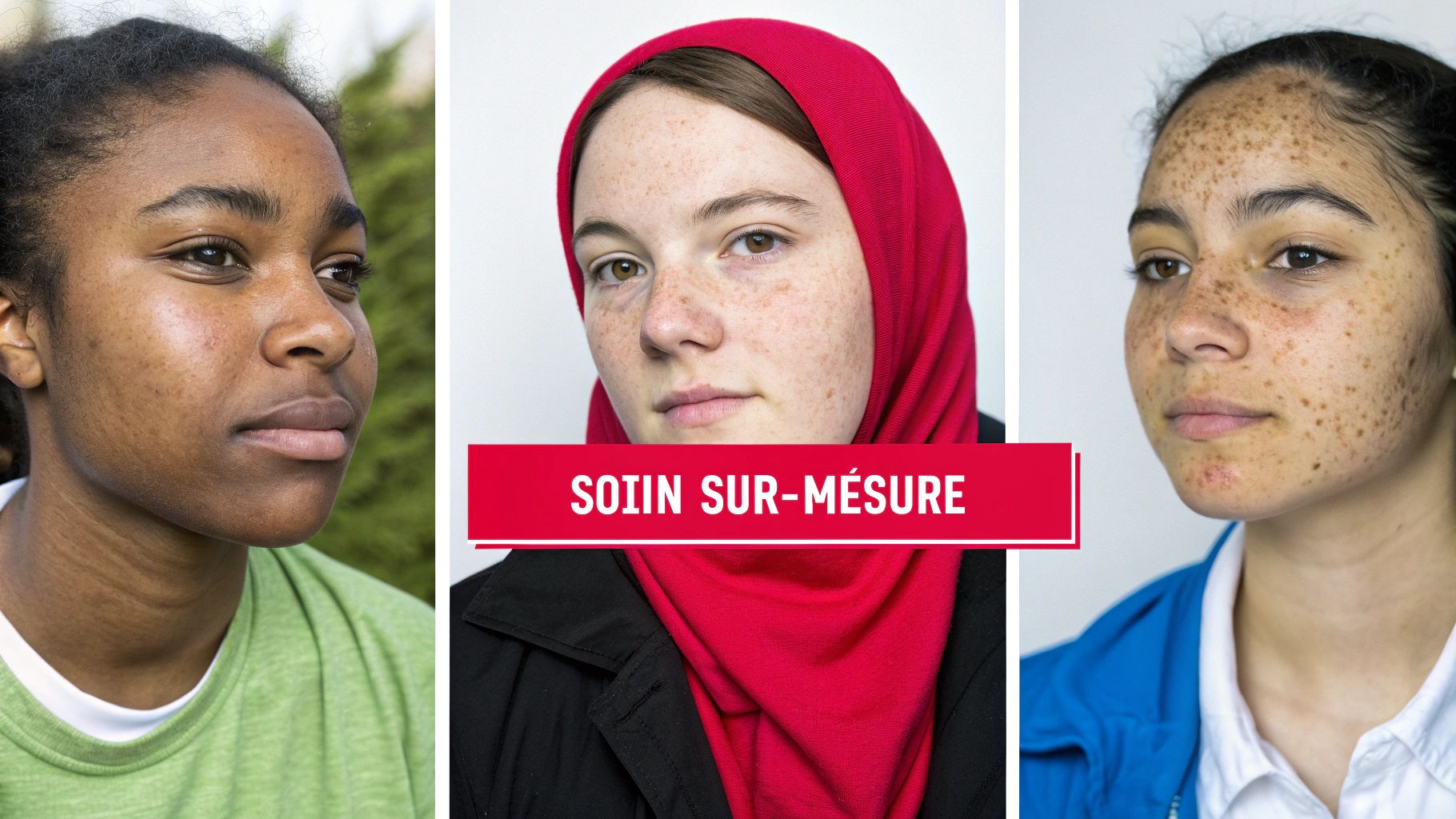 Trois jeunes femmes aux peaux diverses illustrent des soins personnalisés avec la bannière « SOIN SUR-MESURE ».