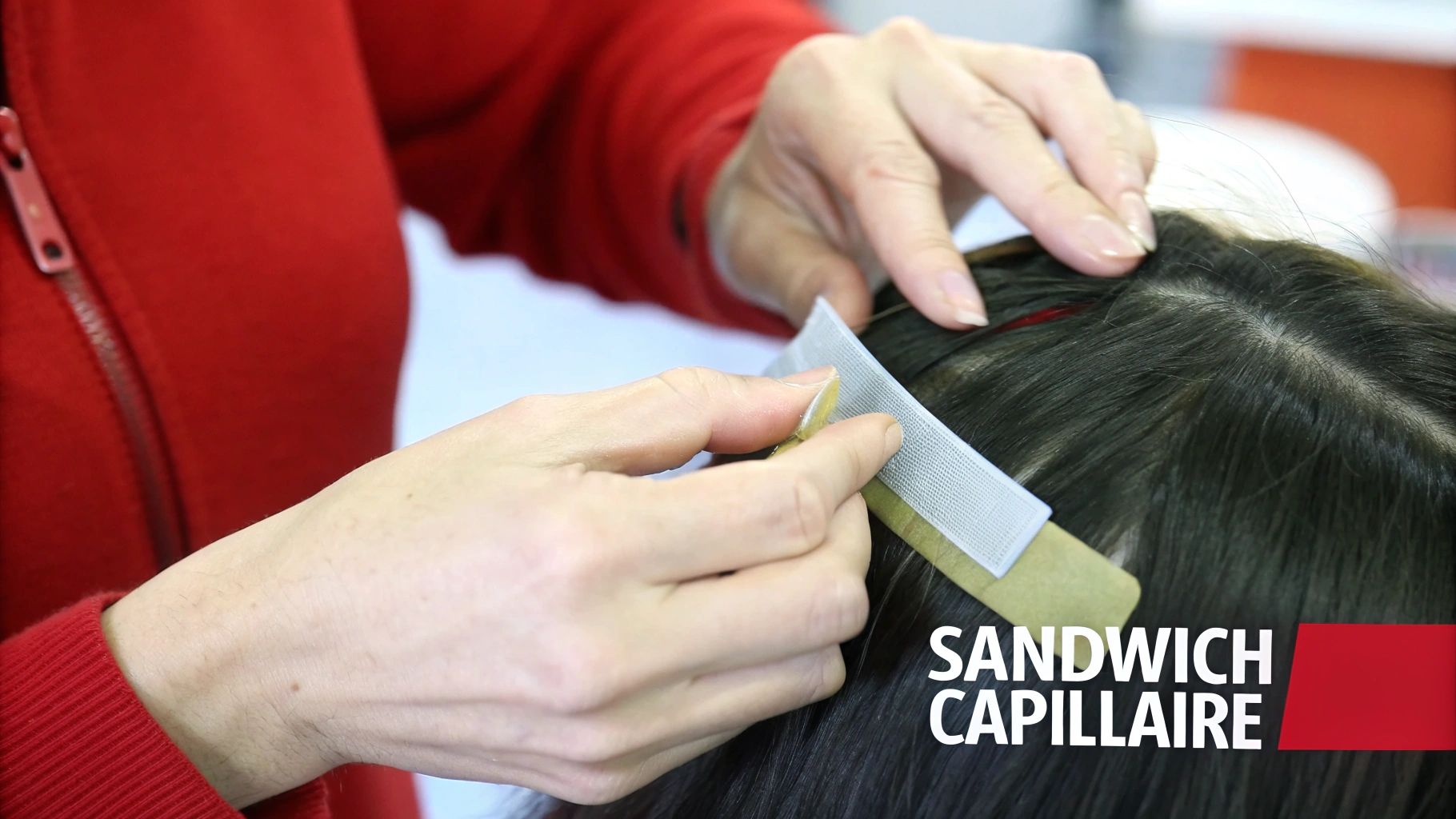 Gros plan sur des mains appliquant des extensions capillaires avec une bande adhésive sur des cheveux foncés.