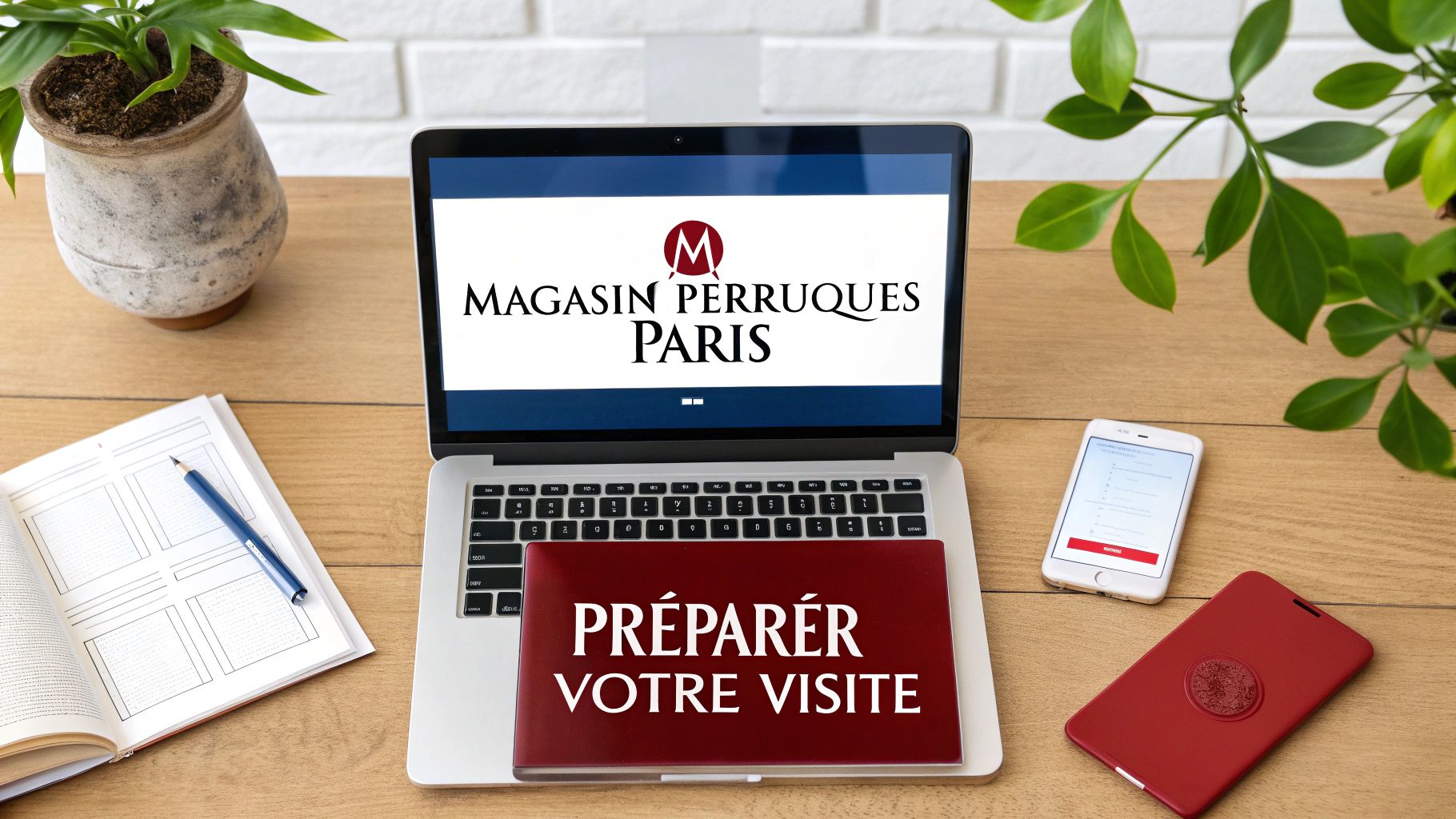 Vue d'un bureau avec ordinateur portable affichant 'Magasin Perruques Paris' et un guide rouge 'Préparer Votre Visite'.