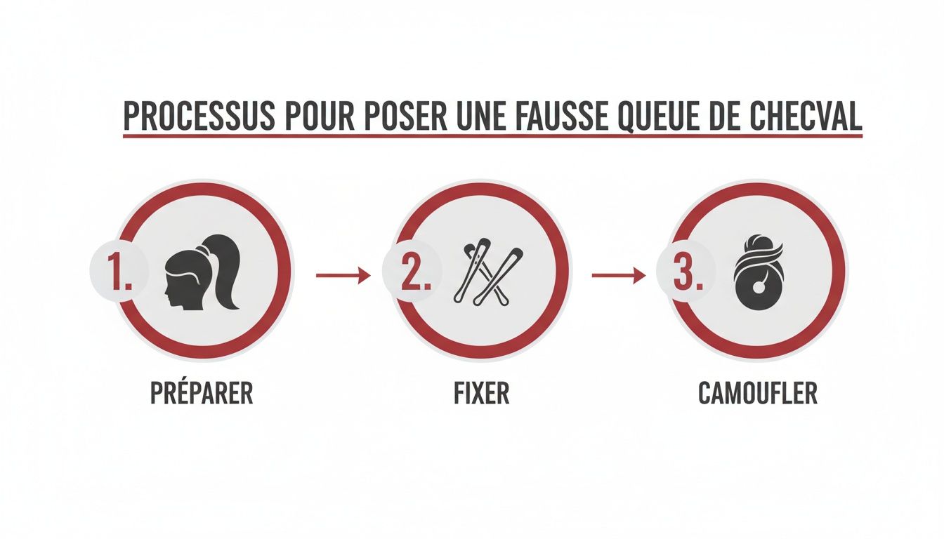 Processus en trois étapes pour poser une fausse queue de cheval: préparer, fixer avec des épingles, et camoufler.