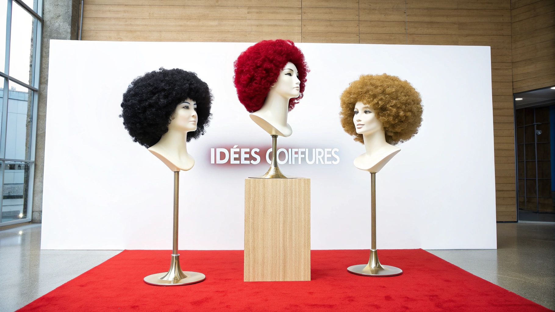 Une femme souriante avec une magnifique perruque naturelle afro, coiffée dans un style volumineux et texturé.