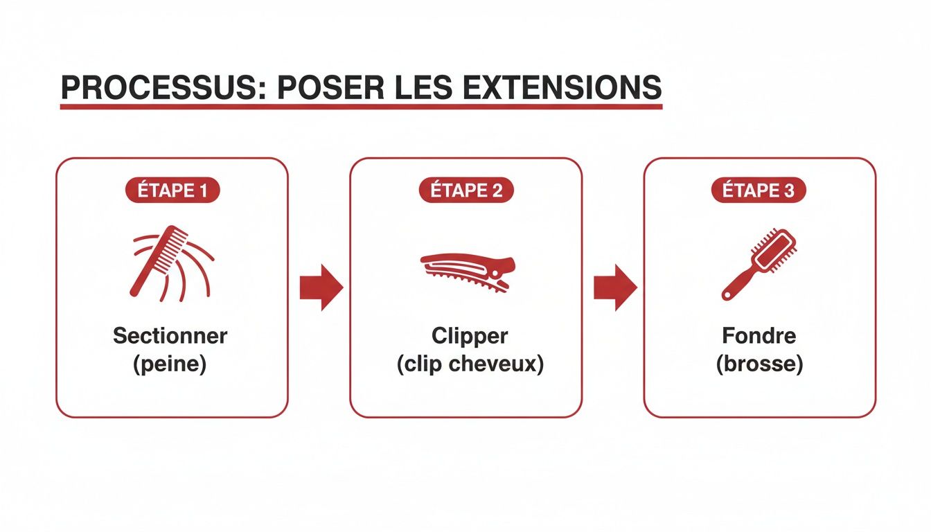 Procédure illustrée pour poser des extensions: peigne pour sectionner, clip pour maintenir, brosse pour fondre.