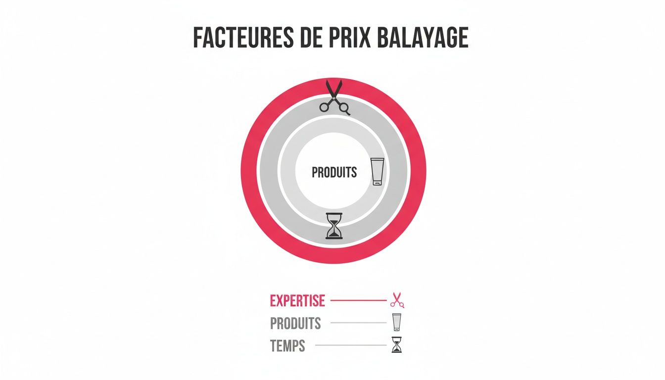 Diagramme montrant les facteurs clés du prix d'un balayage capillaire : expertise, produits et temps.