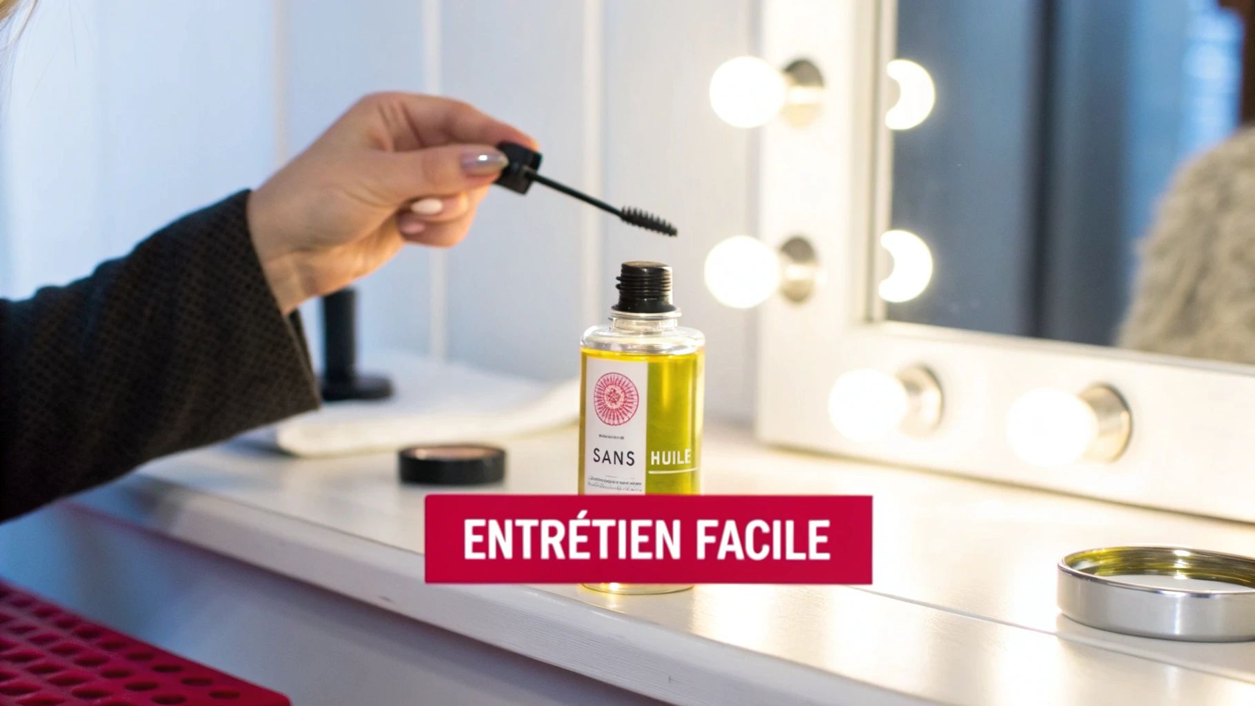 Main tenant une brosse à mascara près d'une bouteille étiquetée 'SANS HUILE' sur une coiffeuse, avec le texte 'ENTRETIEN FACILE'.