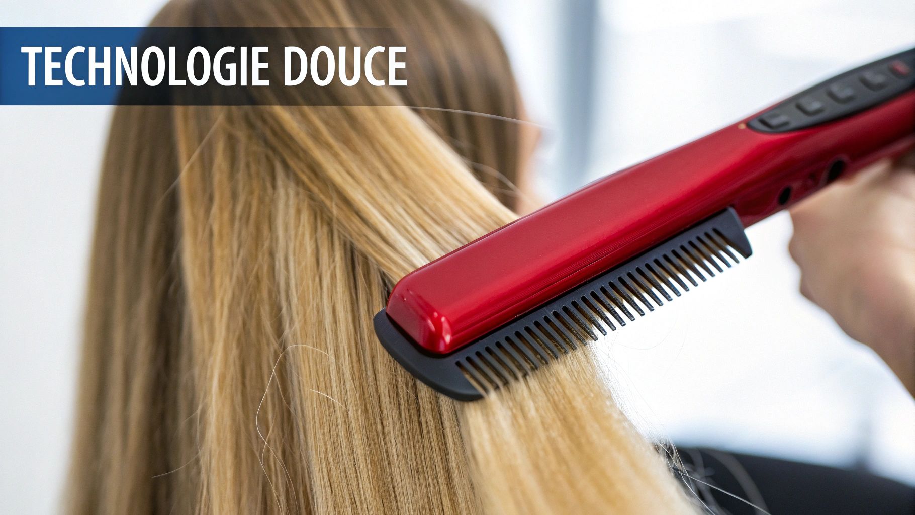 Femme lissant ses longs cheveux blonds avec un peigne chauffant rouge, affichant la technologie douce.