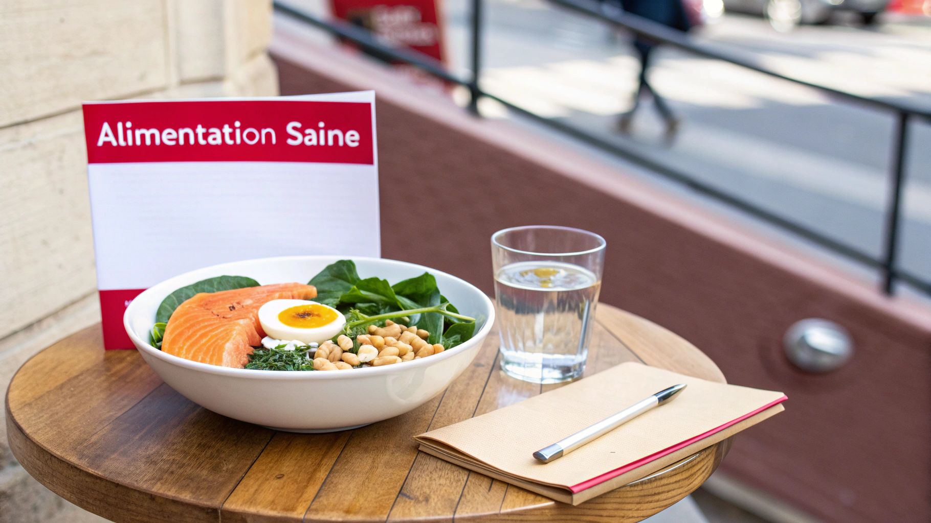 Un bol de salade saine avec saumon, œuf et légumes, un verre d'eau, et un carnet sur une table en bois, avec une pancarte "Alimentation Saine" en arrière-plan.