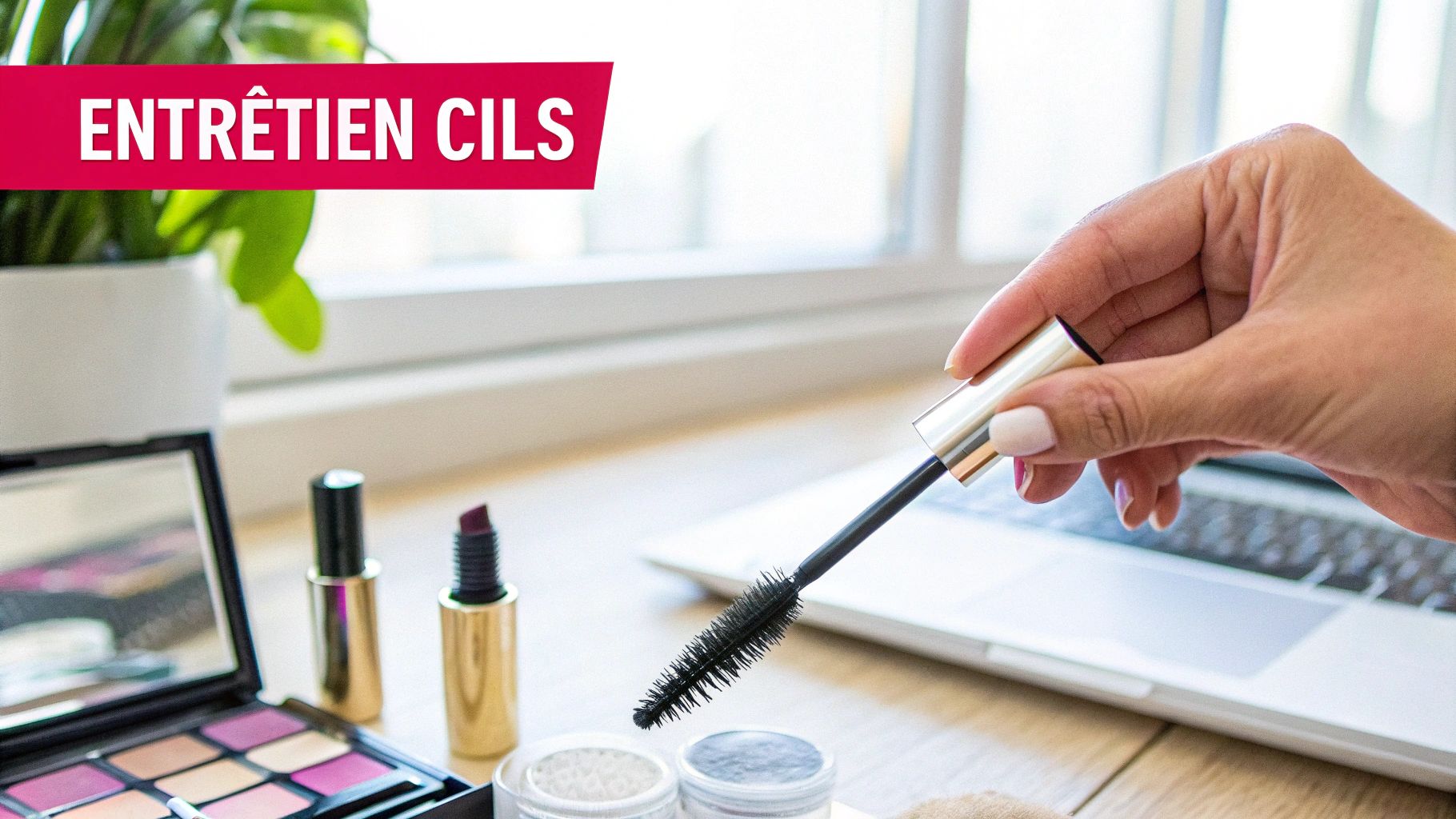 Une main tient un mascara ouvert, entourée de produits de maquillage sur une table. Bannière : ENTRETIEN CILS.