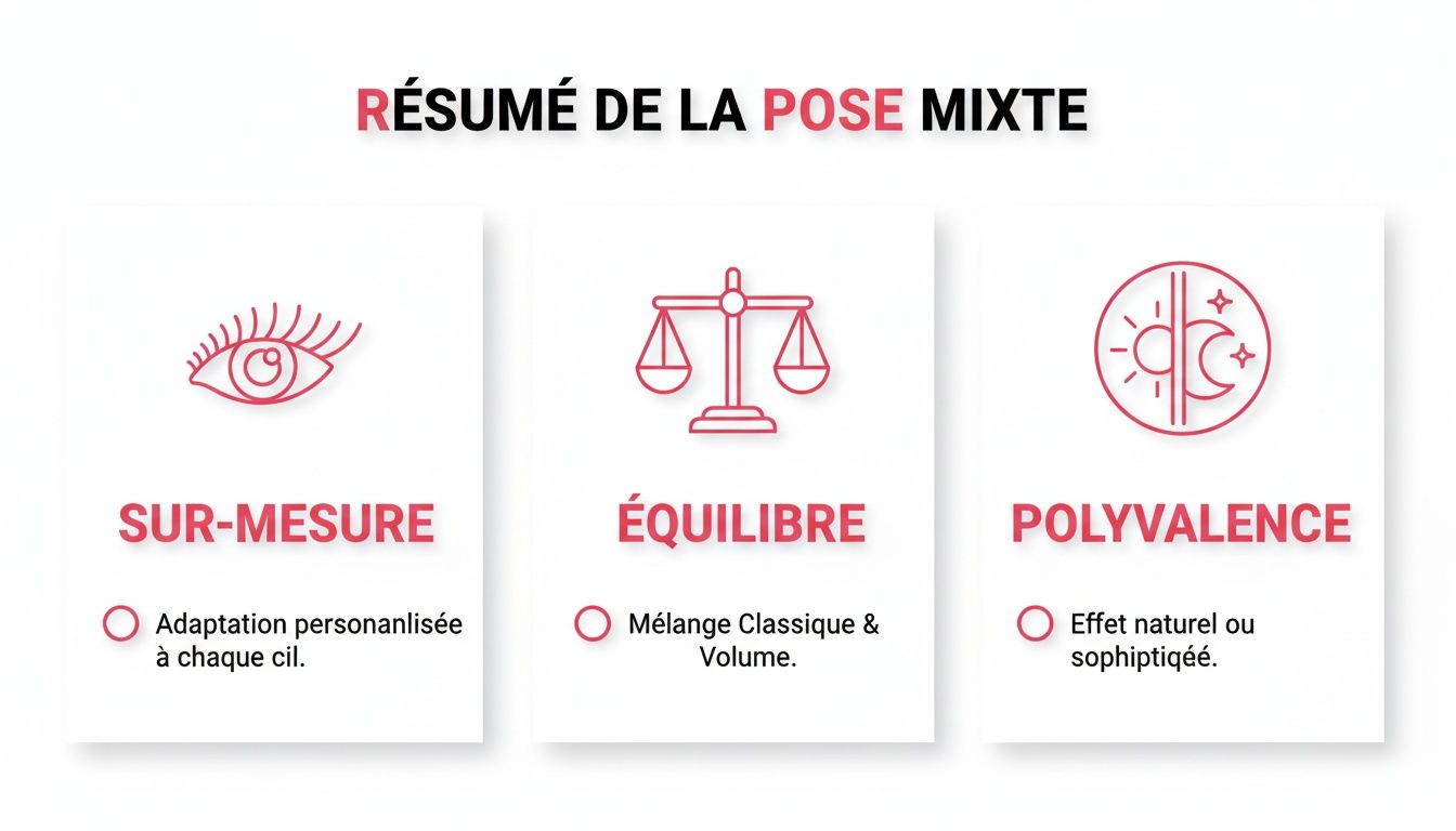 Résumé des avantages de la pose mixte de cils, incluant adaptation personnalisée, équilibre et polyvalence.