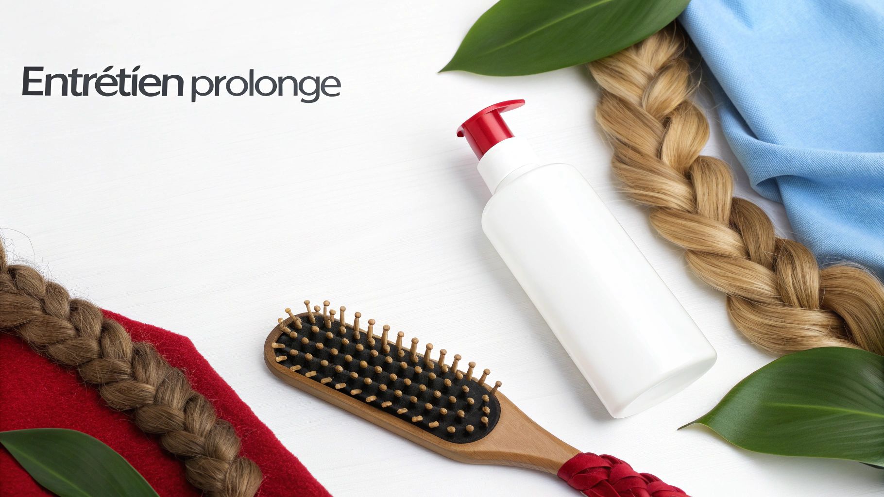 Produits de soin capillaire : brosse, bouteille de shampoing, tresses de cheveux et feuilles vertes sur fond blanc.
