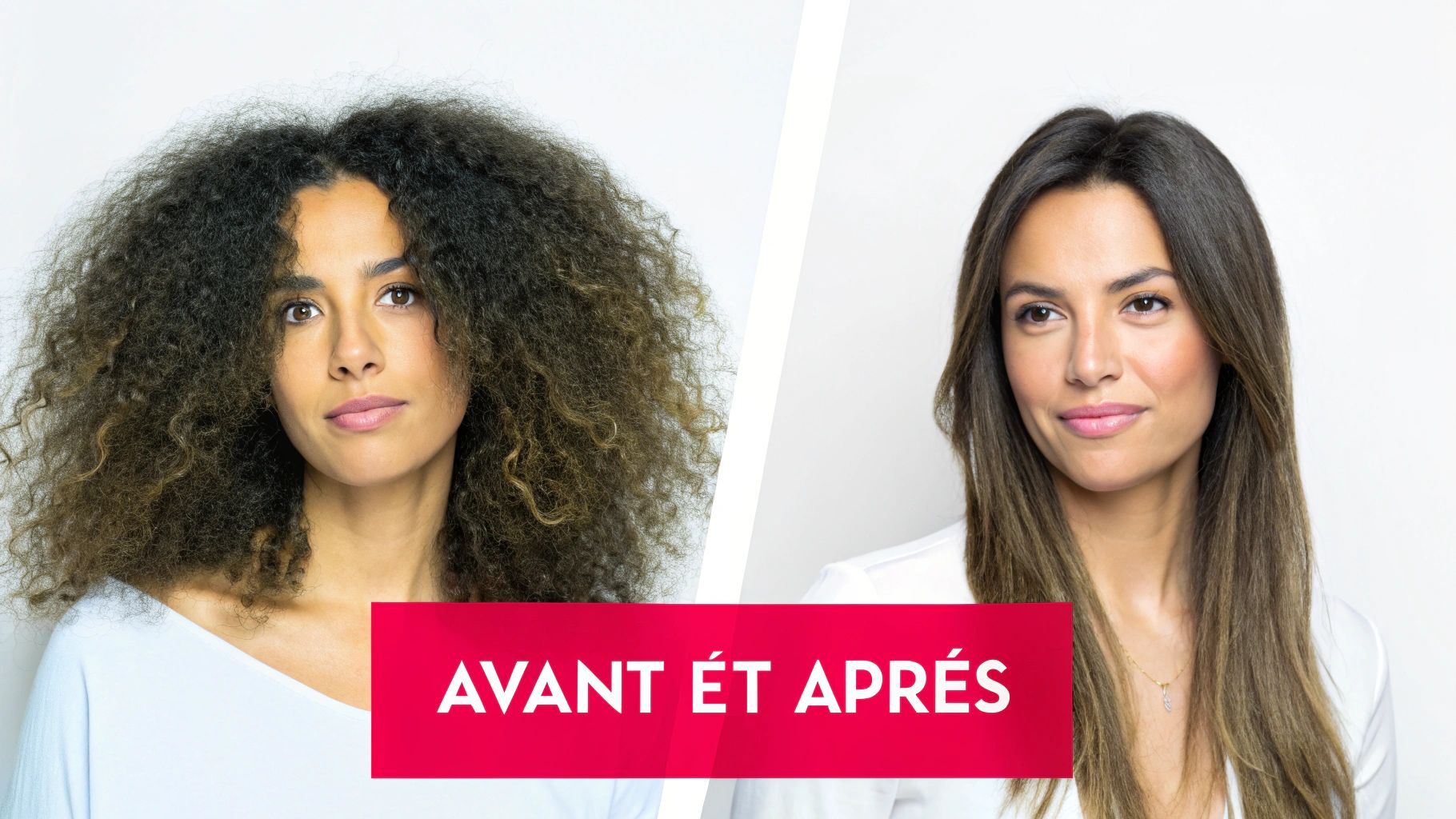 Image avant et après montrant une femme aux cheveux frisés devenus lisses et soyeux.