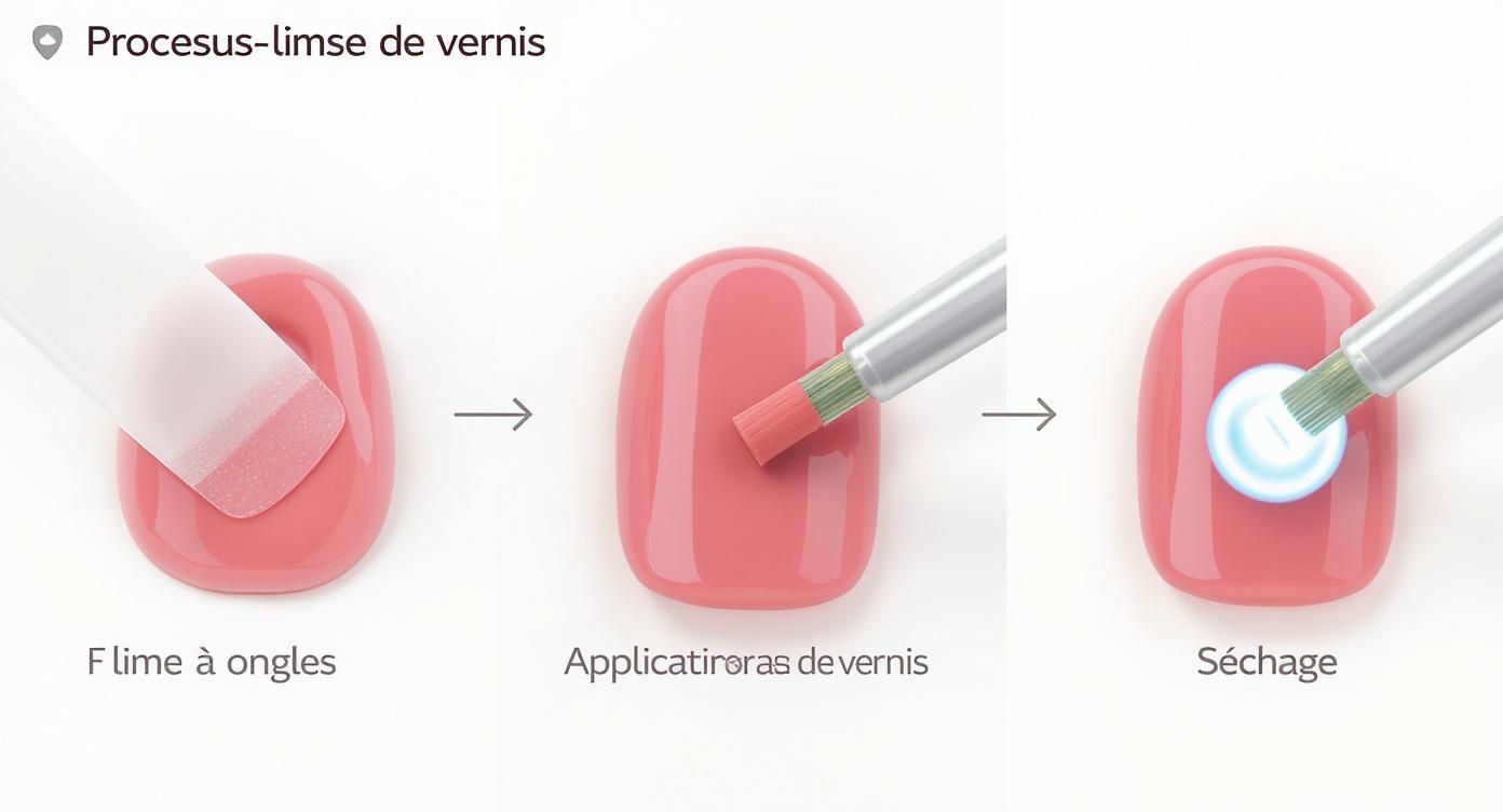 Étapes du processus de vernis semi-permanent : lime à ongles, application du vernis et séchage sous lampe UV
