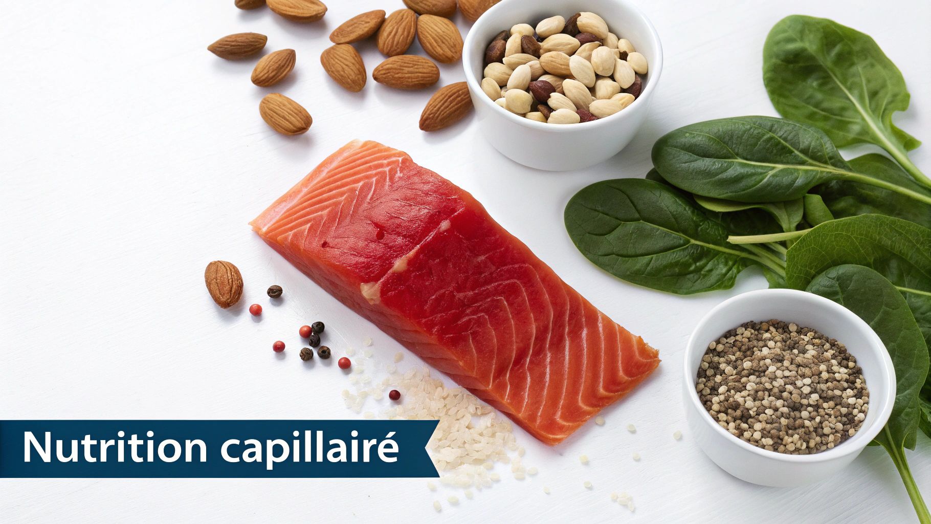 Plusieurs bols contenant des aliments sains comme des graines, noix et légumes verts, bénéfiques pour la densité des cheveux.