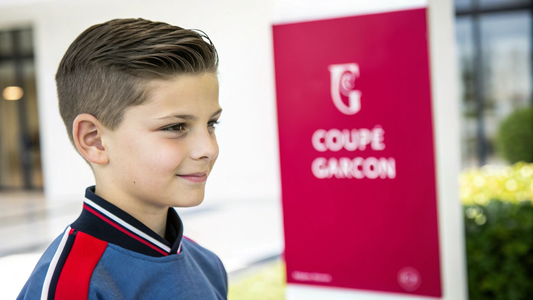 Jeune garçon souriant, avec une coupe de cheveux moderne, devant un panneau rose affichant 'COUPE GARÇON'.