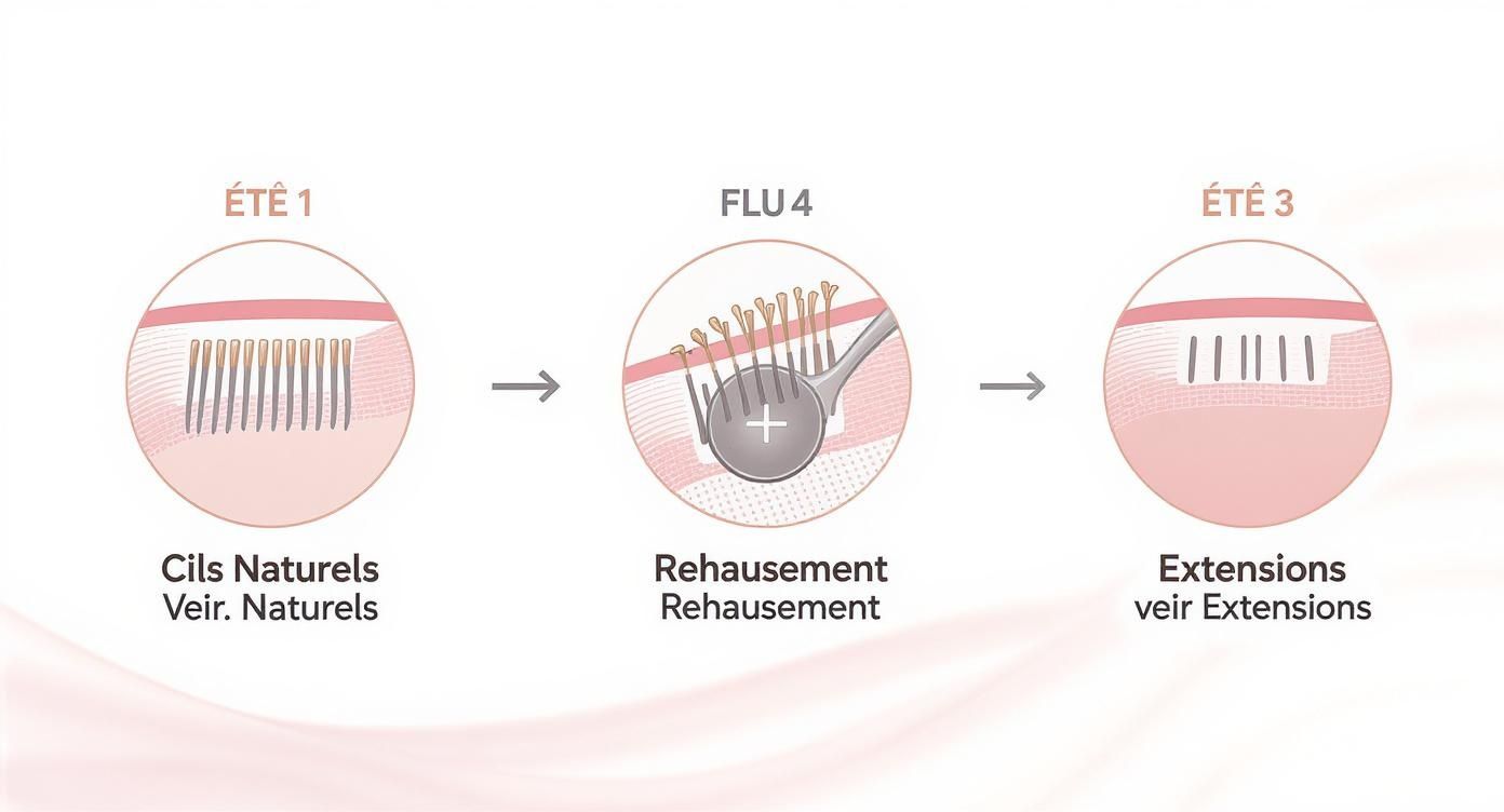Diagramme illustrant les étapes des traitements pour cils : cils naturels, rehaussement et extensions de cils.