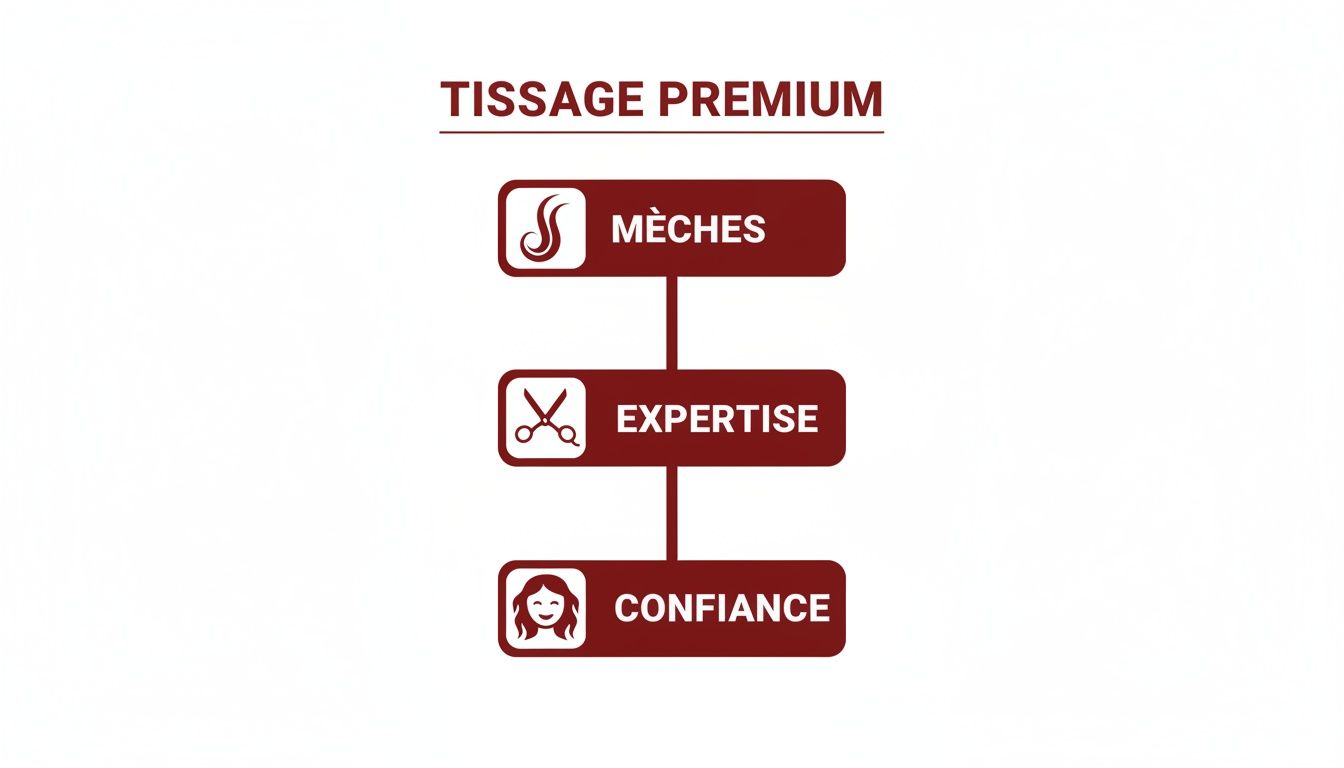 Ce diagramme illustre les caractéristiques du Tissage Premium : mèches, expertise professionnelle et confiance.