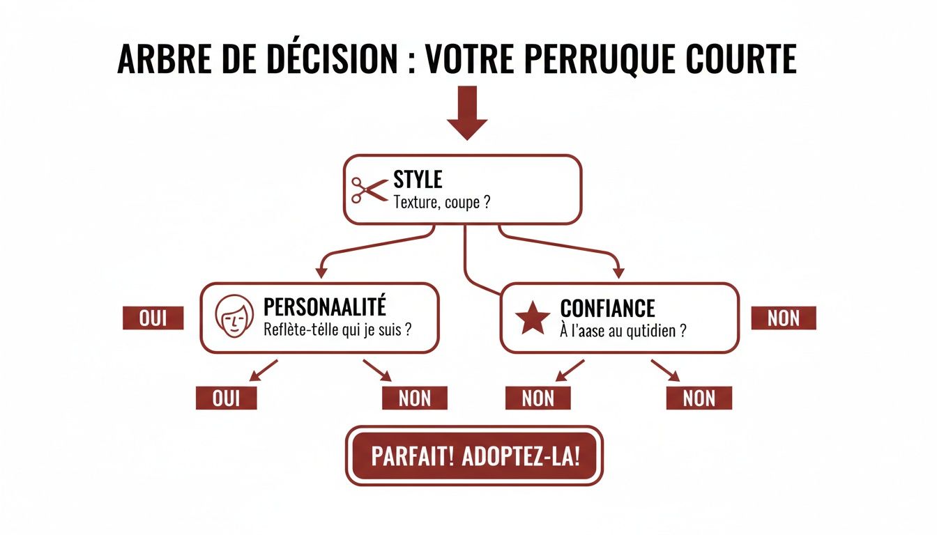 Arbre de décision pour choisir une perruque courte idéale, considérant le style, la personnalité et le confort quotidien.